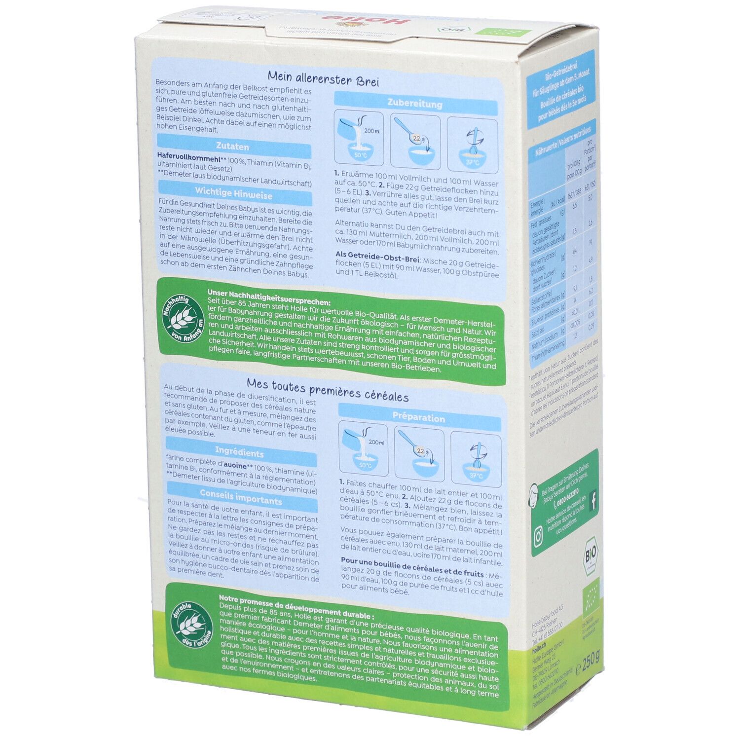 Dos de la boîte Holle Bio Vollkorngetreidebrei. Instructions de préparation. Label bio. 250g. Texte: Mes toutes premières céréales. Dès 5 mois.