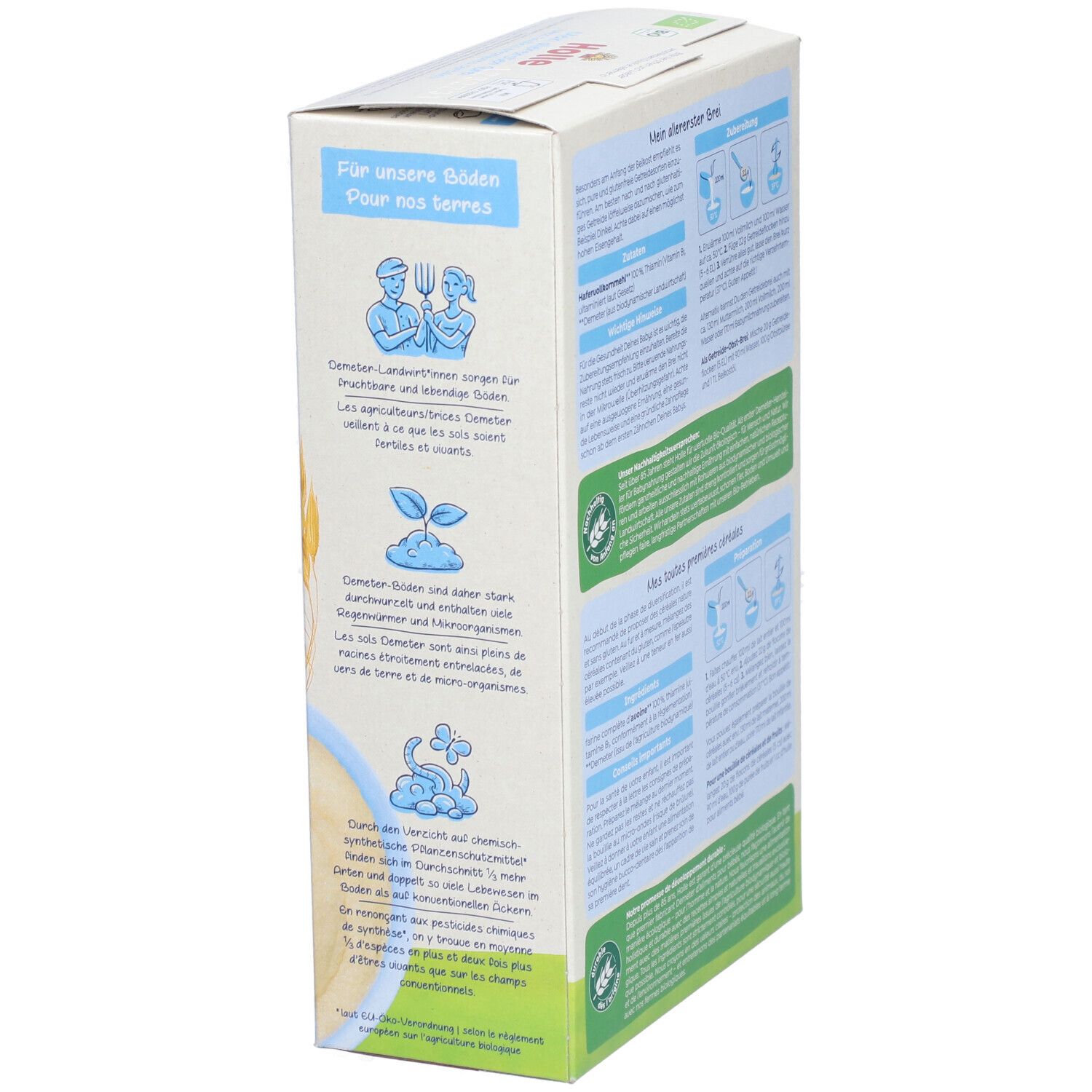 Côté de la boîte Holle Bio Vollkorngetreidebrei. Texte: Pour nos terres. Logo Demeter. Label bio. 250g.