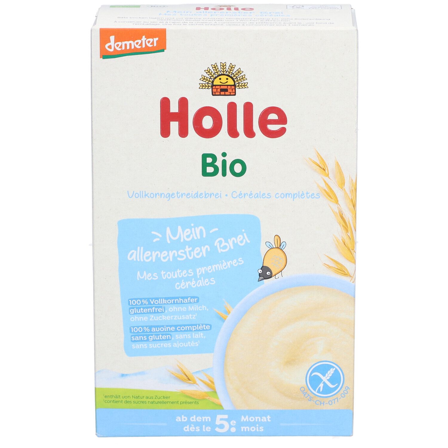 Boîte de Holle Bio Vollkorngetreidebrei. Logo Demeter. Texte: Mes toutes premières céréales. Dès 5 mois. Sans gluten.