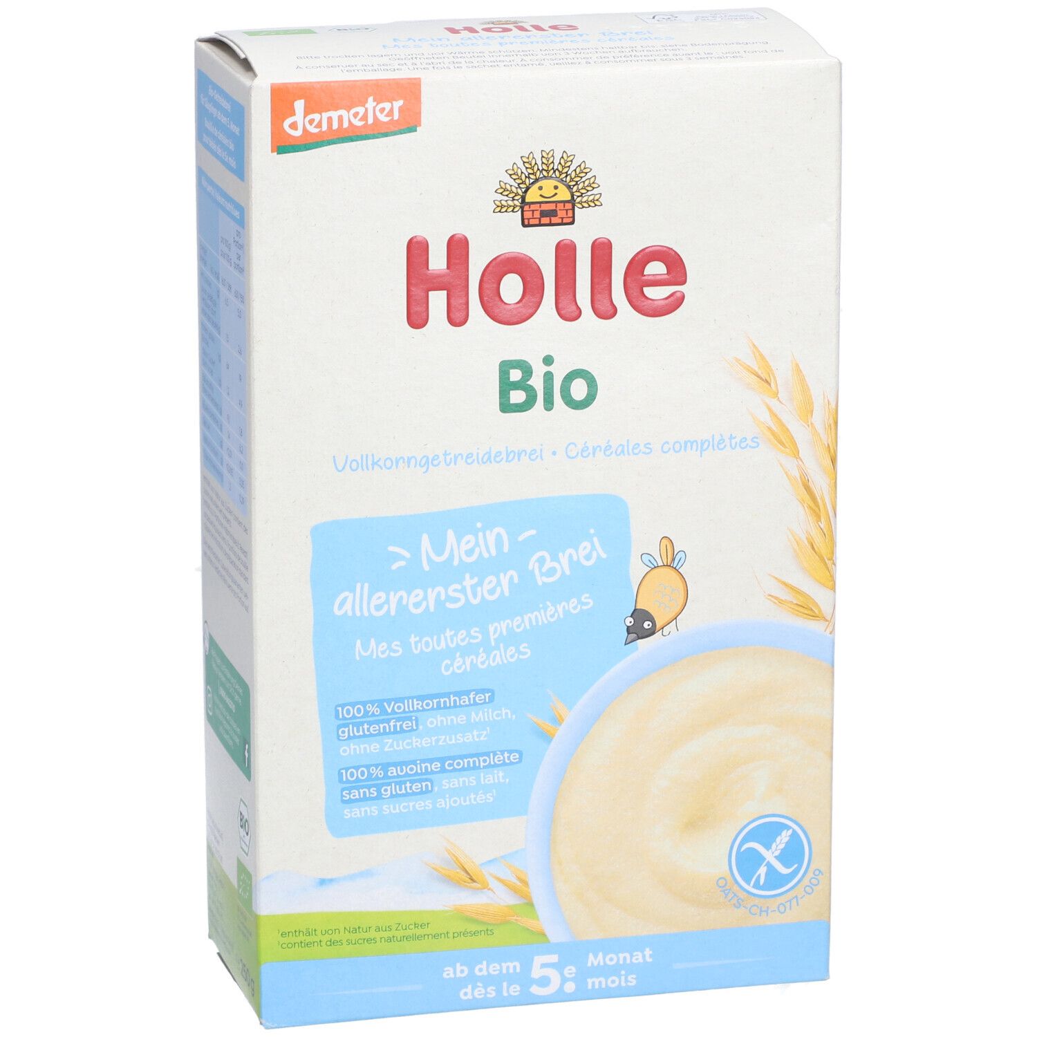 Boîte de Holle Bio Vollkorngetreidebrei. Logo Demeter. Texte: Mes toutes premières céréales. Dès 5 mois. Sans gluten.