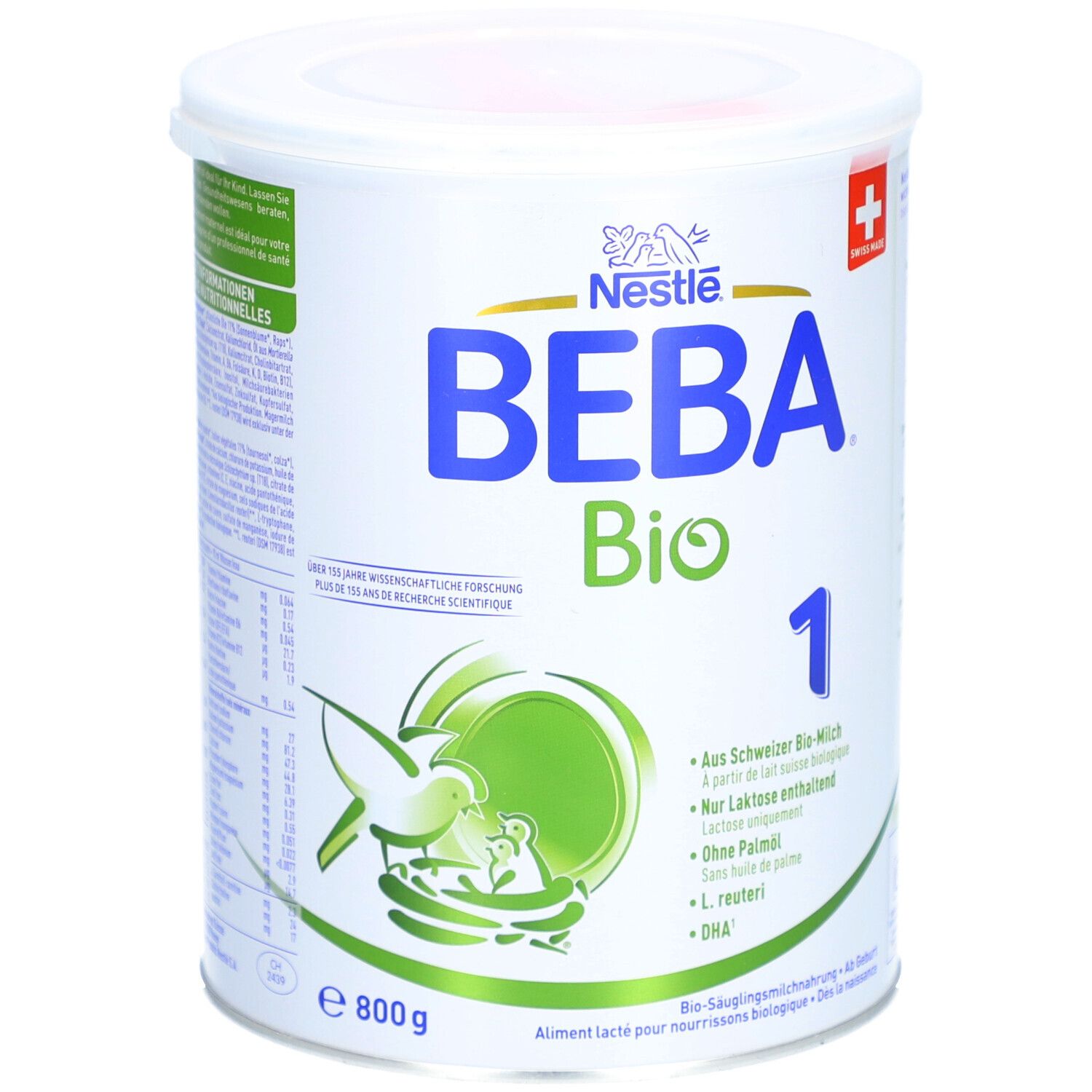 Babyvoeding BEBA Bio 1 Nestlé in witte blik, 800g. Met vogel- en baby-motief.