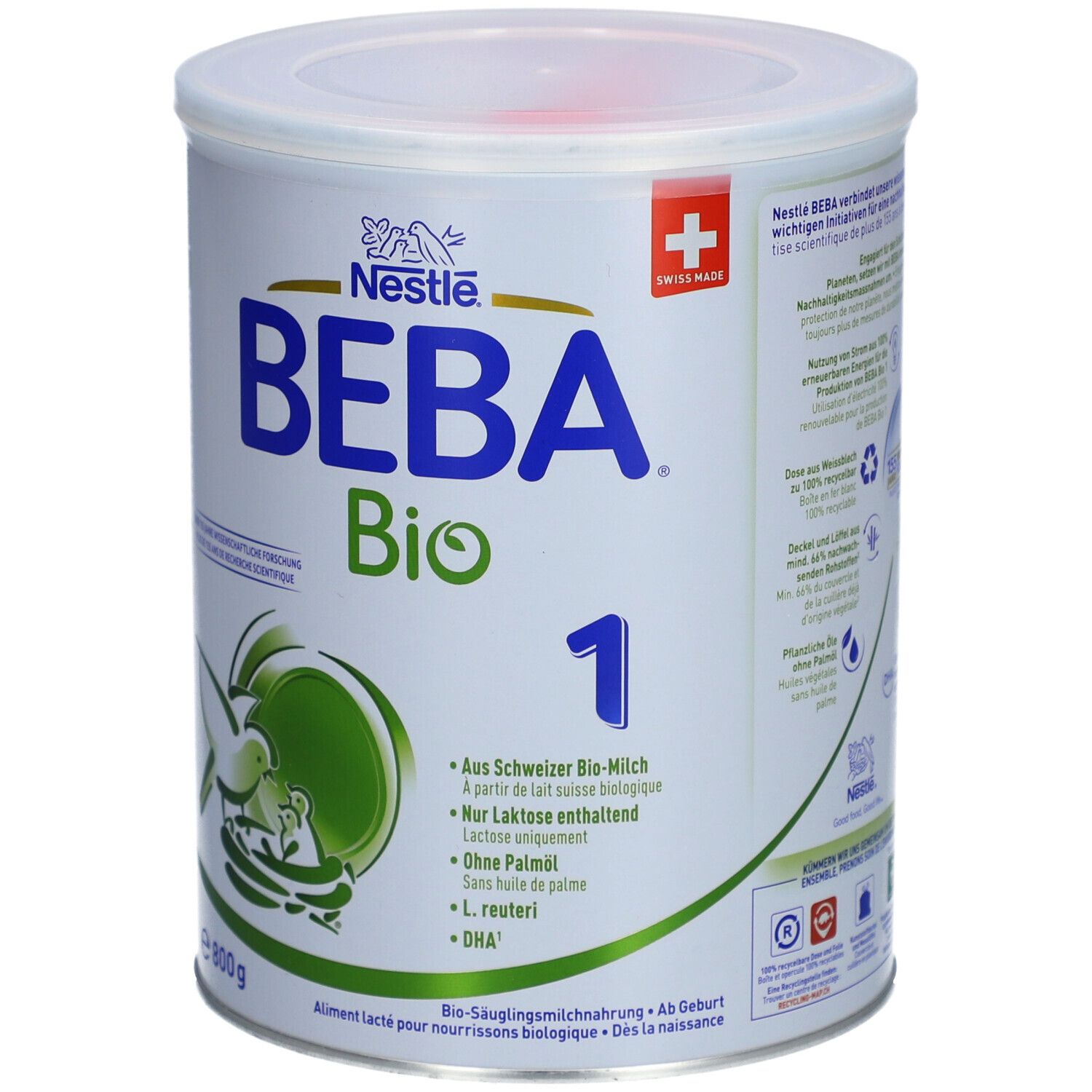 Voorkant van het BEBA Bio 1 babyvoeding blik, 800g. Met Nestlé logo en Zwitsers kruis.