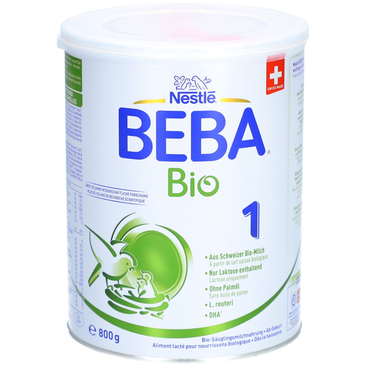 Blik babyvoeding BEBA Bio 1 Nestlé, 800g. Met vogel- en baby-motief, Zwitsers kruis.