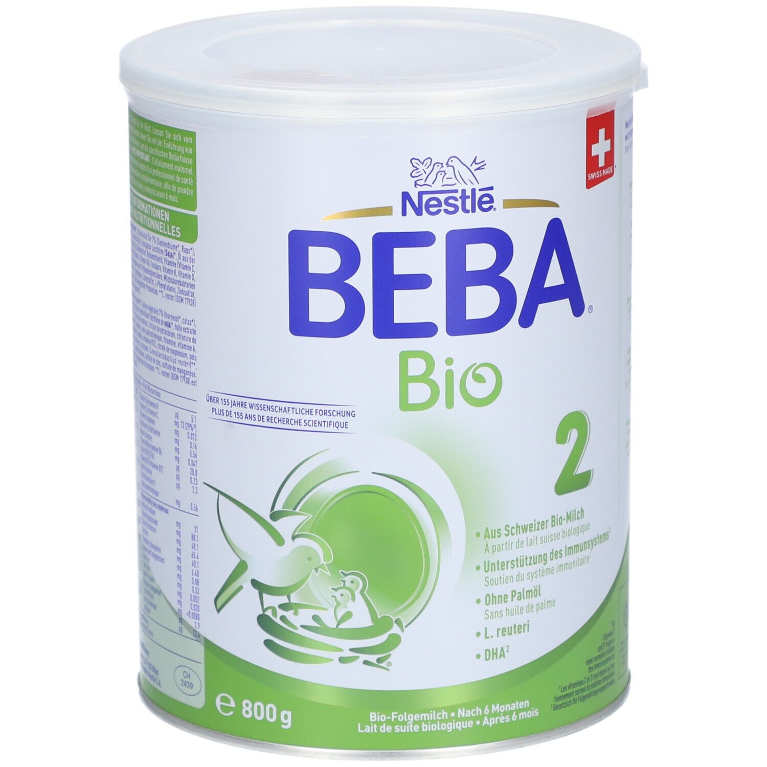 Boîte blanche Nestlé BEBA Bio 2. Croix suisse. 800g. Détails verts. Texte: Au lait bio suisse, DHA.