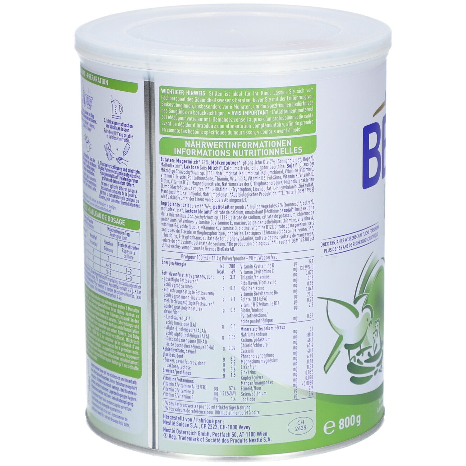 Dos de la boîte. Texte: Informations nutritionnelles, ingrédients. 800g. Détails verts. Nestlé BEBA Bio 2.