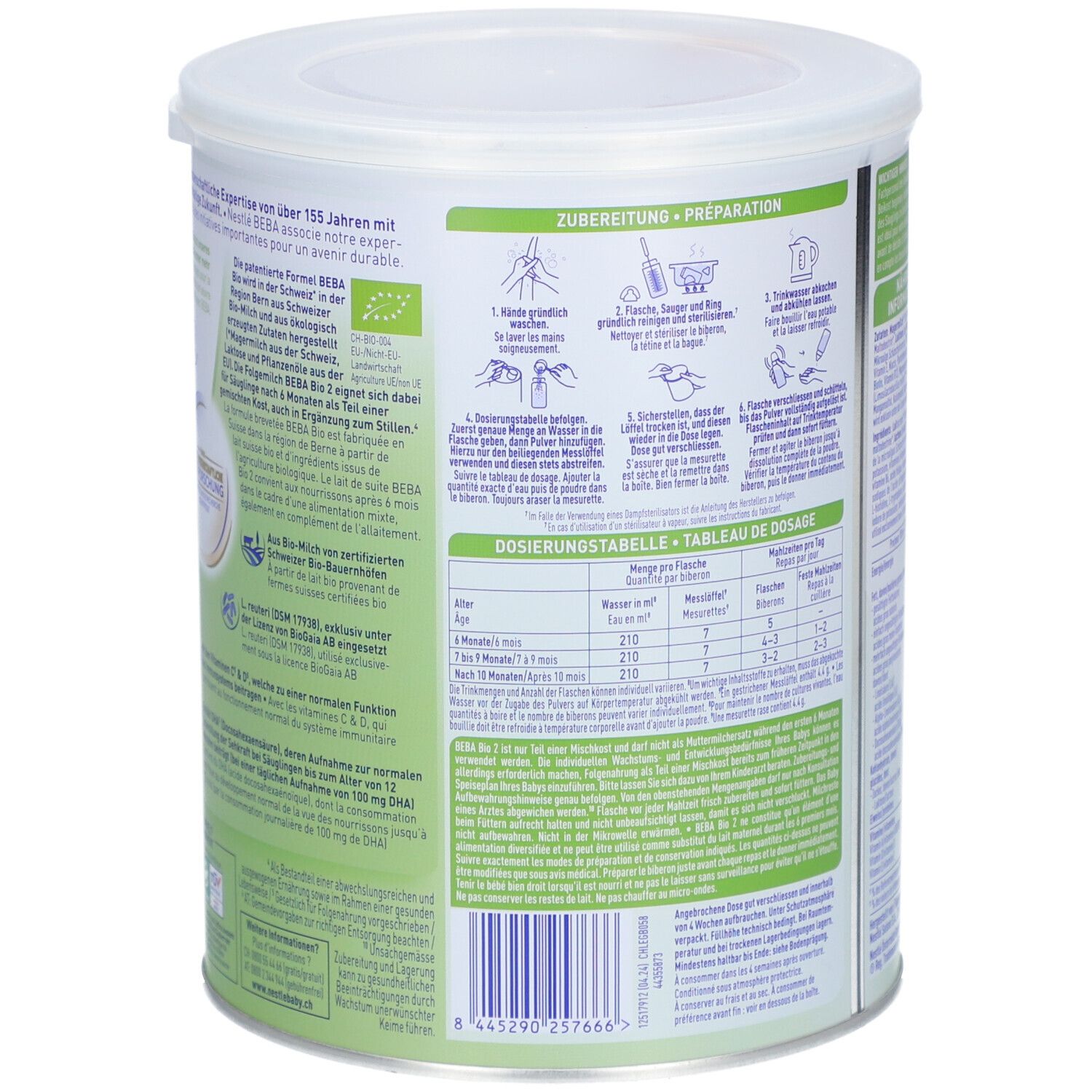 Dos de la boîte. Texte: Préparation, tableau de dosage. Détails verts. Nestlé BEBA Bio 2. Label bio.