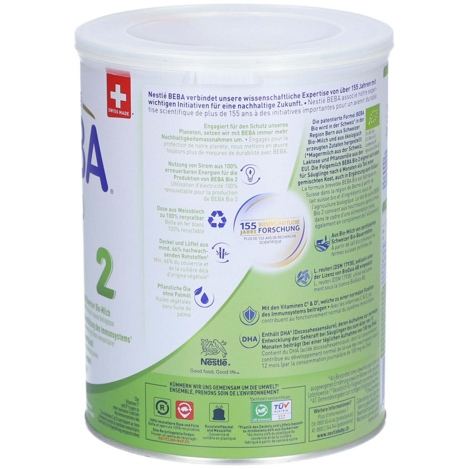Dos de la boîte. Texte: Nestlé BEBA Bio 2. Croix suisse. Symboles de recyclage. Label bio. 155 ans de recherche.