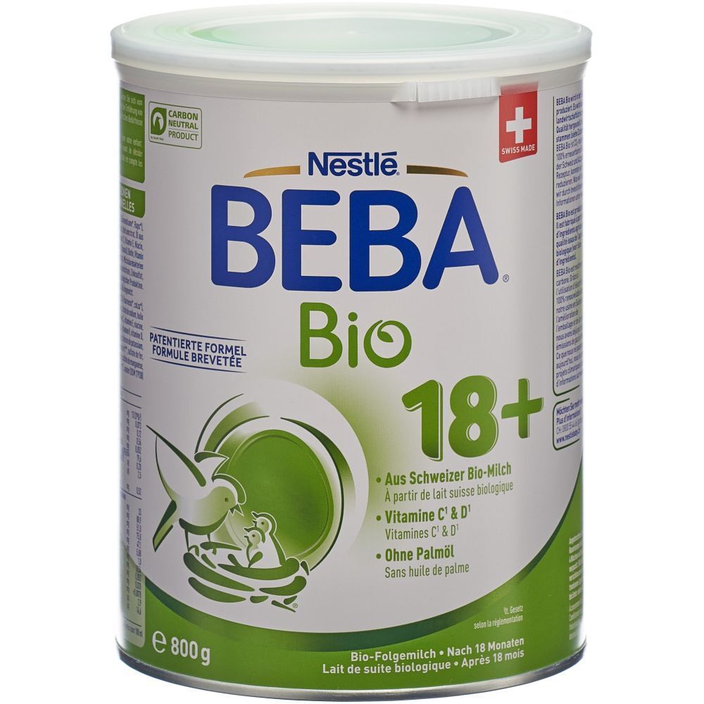 Nestlé BEBA Bio 18+ blik. Groen-wit ontwerp. Tekst: bio-melk, vitamine C & D, zonder palmolie. Zwitserse vlag. 800g.