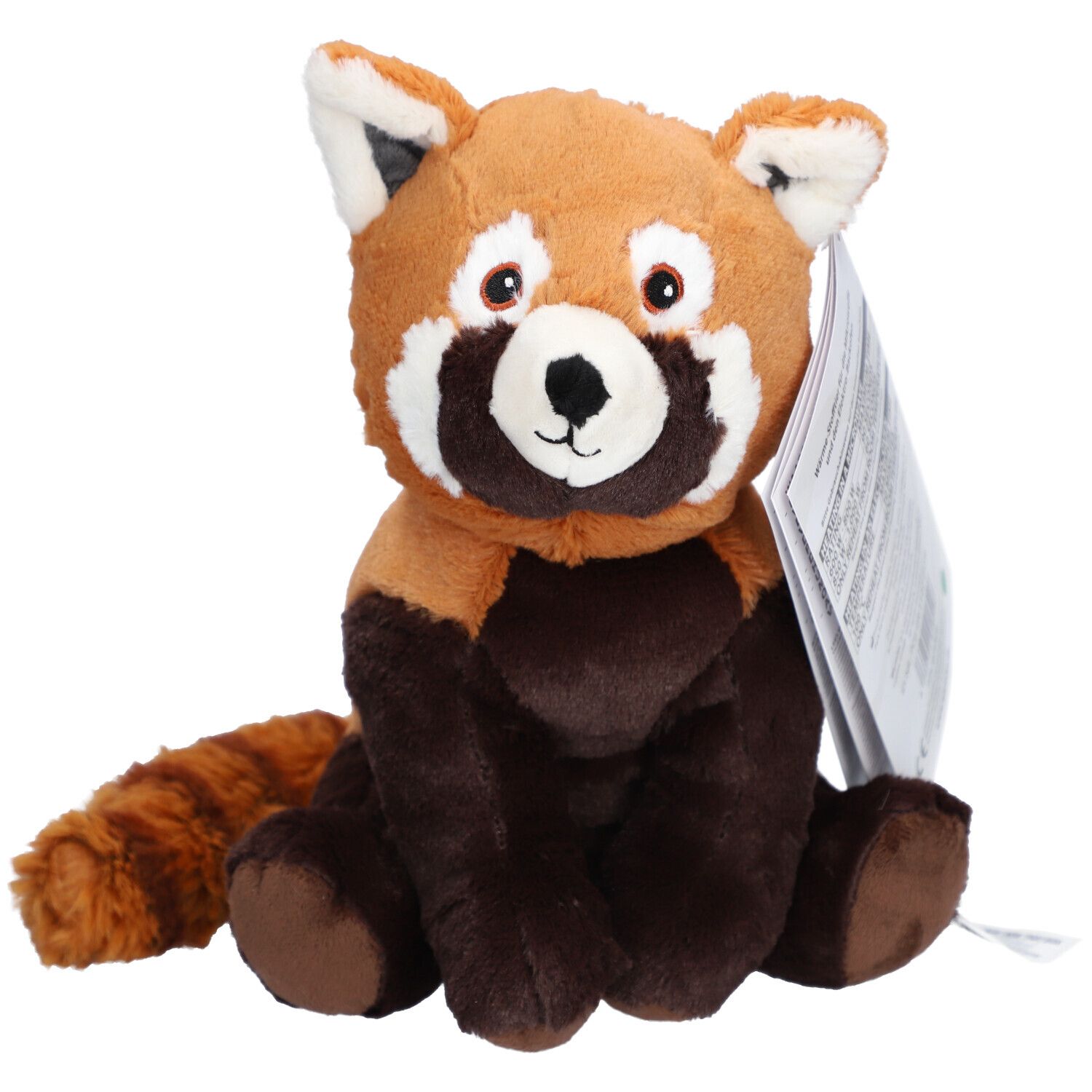 Roodbruine panda knuffel. Zittende positie, met label. Oren, ogen, neus en staart zichtbaar.