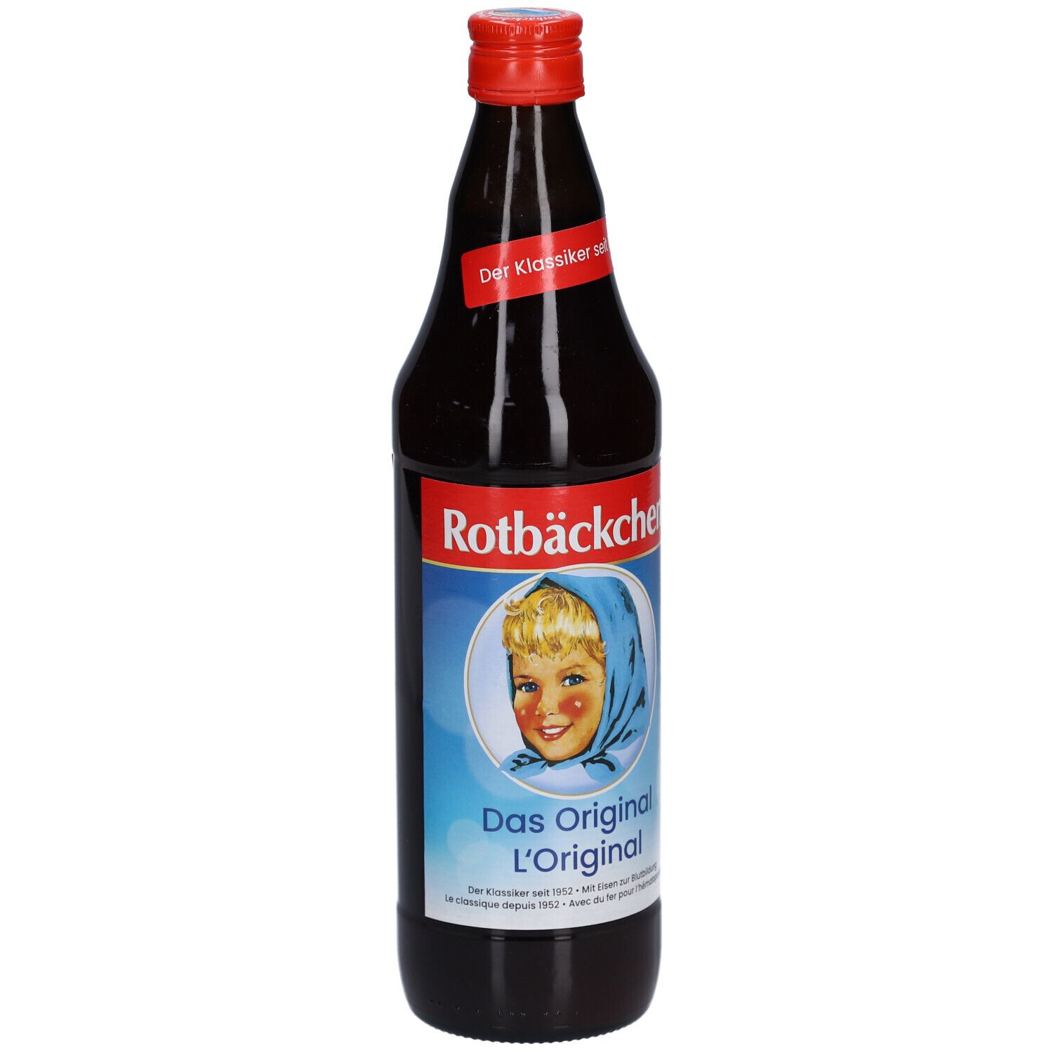 Rotbäckchen L'Original dans une bouteille en verre foncé avec bouchon à vis rouge. Étiquette avec une fille souriante et le nom du produit.