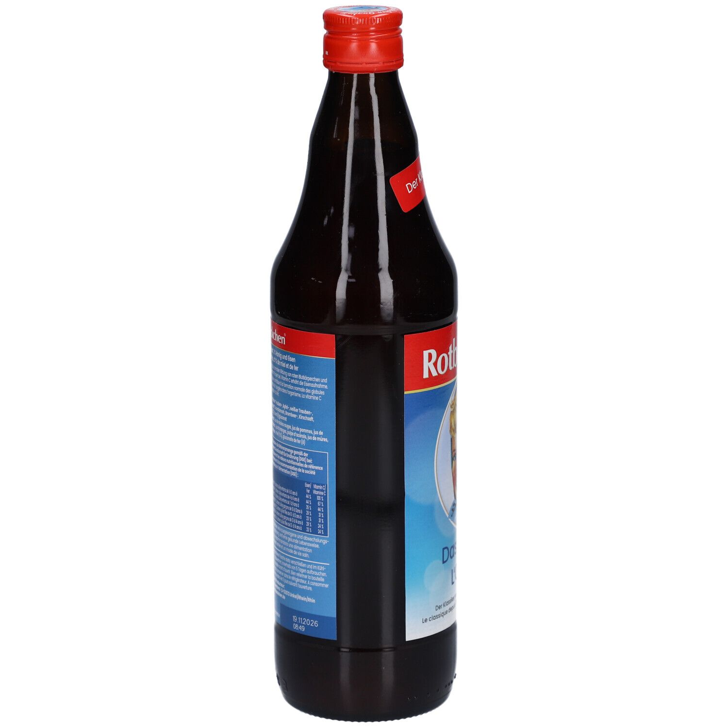 Vue latérale de la bouteille Rotbäckchen L'Original. Verre foncé, bouchon rouge, étiquette avec fille et informations produit.