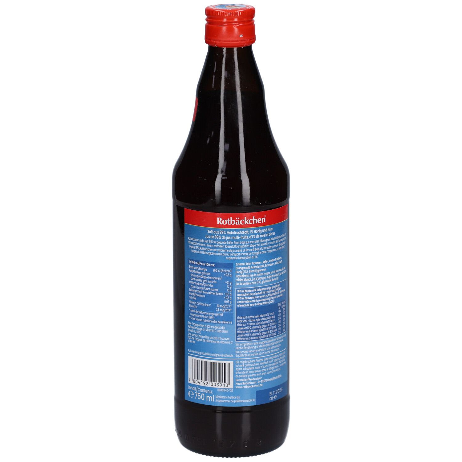 Arrière de la bouteille Rotbäckchen L'Original. Étiquette avec informations nutritionnelles détaillées et code-barres. Verre foncé, bouchon rouge.