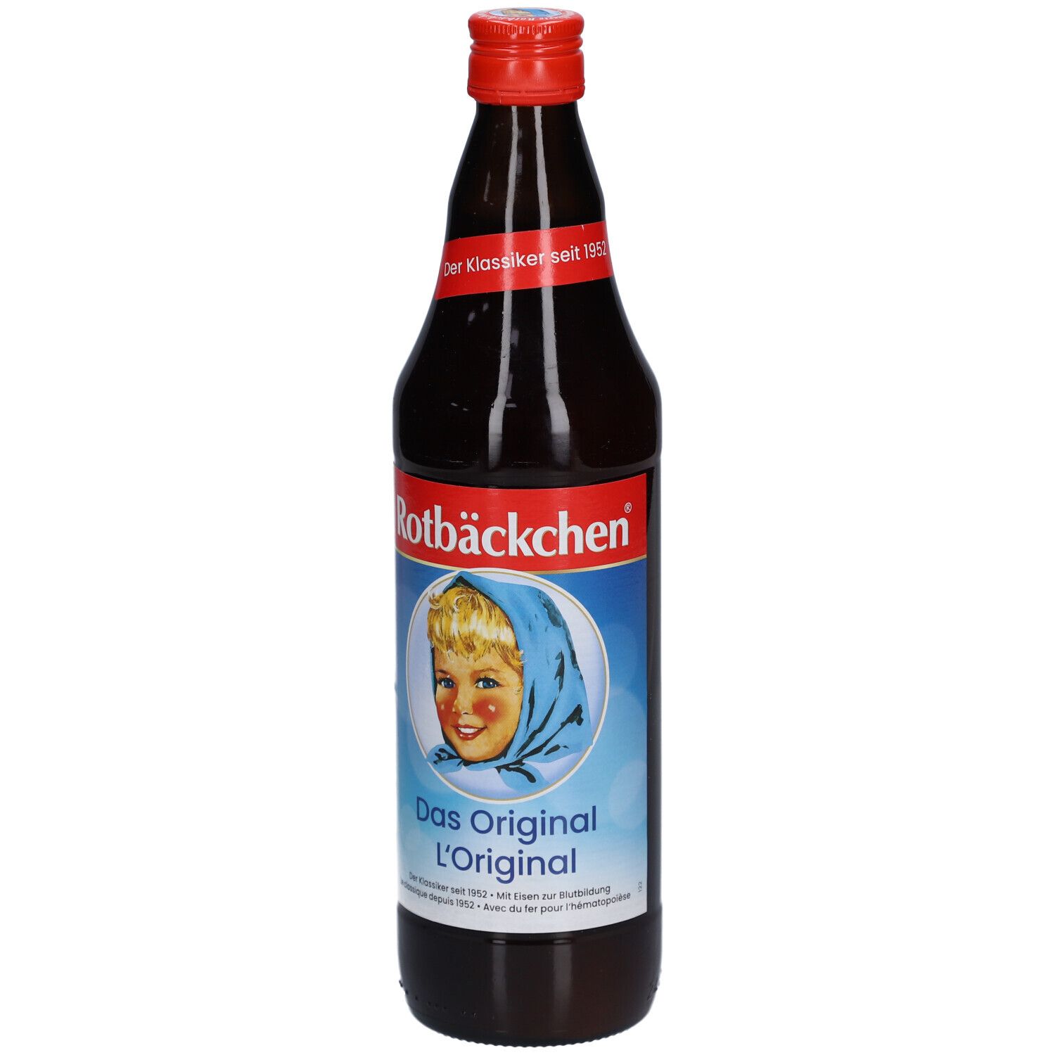 Rotbäckchen L'Original dans une bouteille en verre foncé avec bouchon à vis rouge. Étiquette avec une fille souriante et le nom du produit.