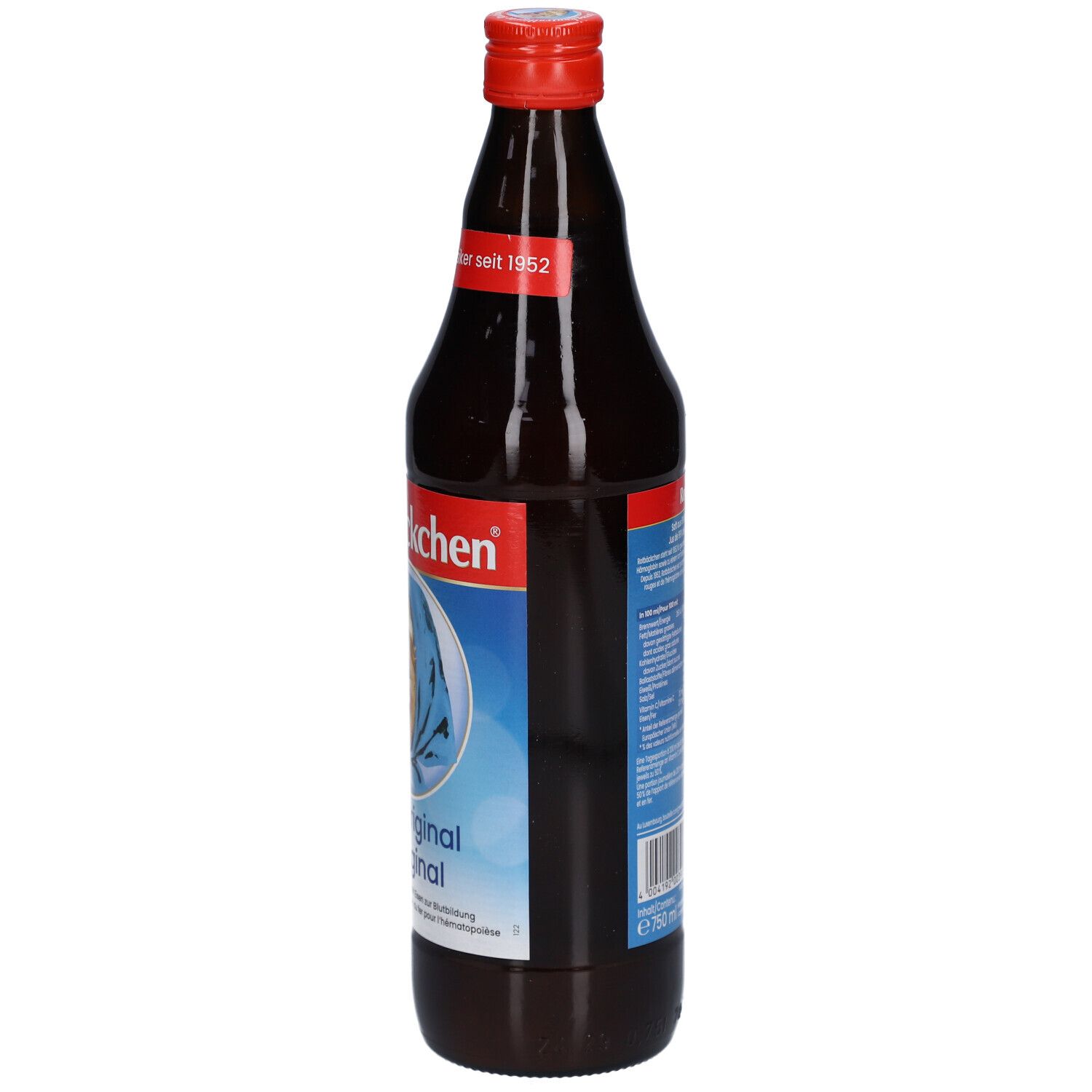 Vue latérale de la bouteille Rotbäckchen L'Original. Verre foncé, bouchon rouge, étiquette avec fille et informations produit.