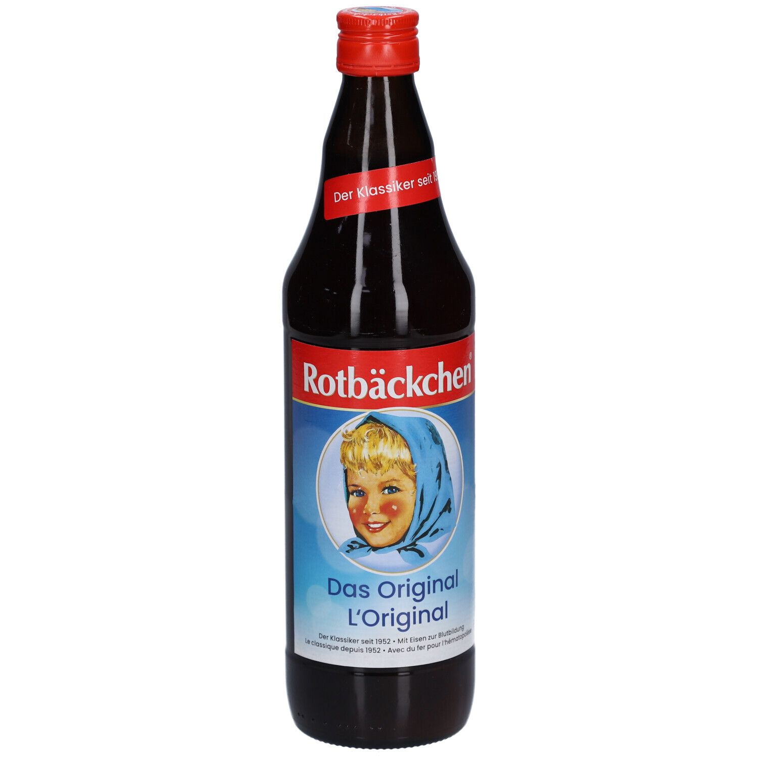 Rotbäckchen L'Original dans une bouteille en verre foncé avec bouchon à vis rouge. Étiquette avec une fille souriante et le nom du produit.