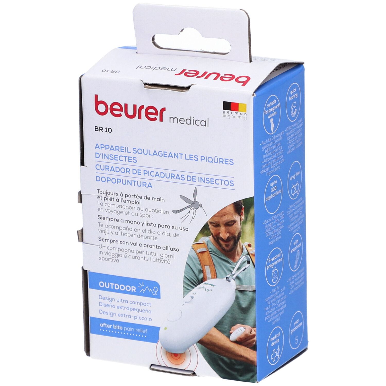 Beurer medical BR 10 verpakking. Tekst: Insektenstichheiler, Outdoor. Illustratie: toepassing op arm. Met lus.