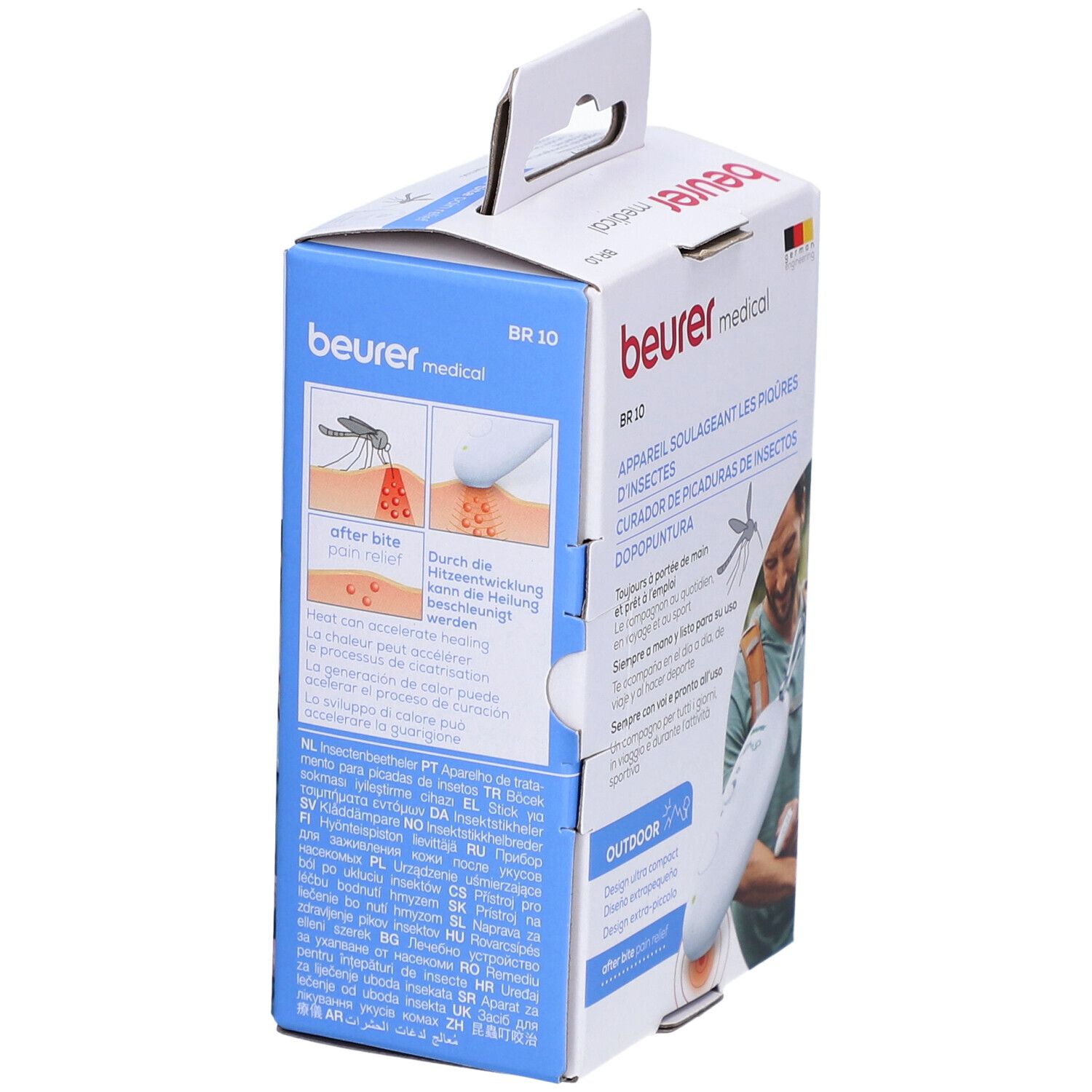 Zijkant van de Beurer medical BR 10 verpakking. Tekst: Insektenstichheiler, Outdoor. Illustratie: toepassing. Met lus.