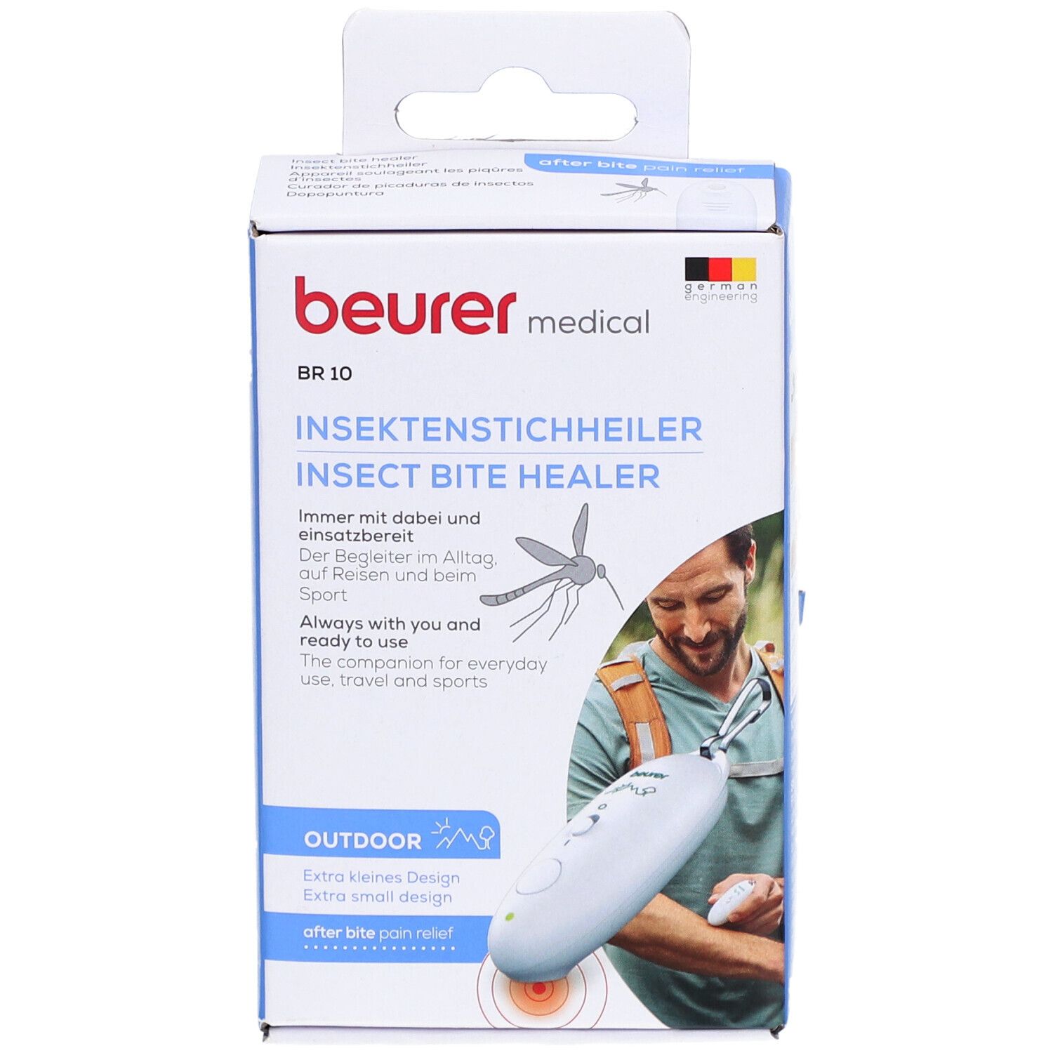 Beurer medical BR 10 verpakking. Tekst: Insektenstichheiler, Outdoor. Wit apparaat met lus. Illustratie: toepassing.