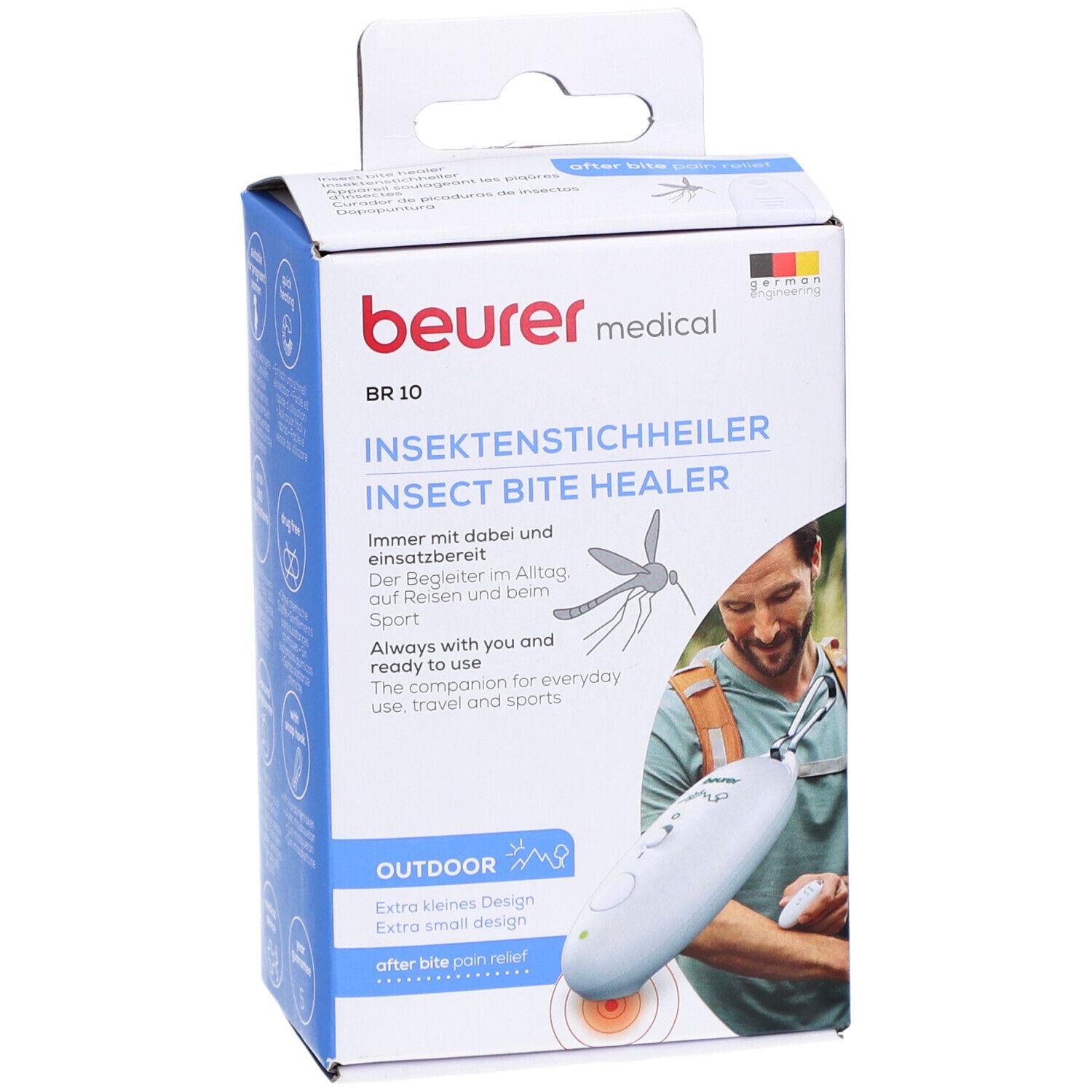 Beurer medical BR 10 verpakking. Tekst: Insektenstichheiler, Outdoor. Wit apparaat met lus. Illustratie: toepassing.