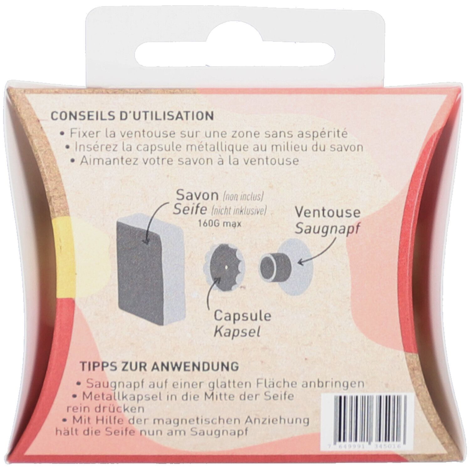 Dos de l'emballage avec instructions d'utilisation. Illustrations de savon, capsule et ventouse. Texte en allemand et français.