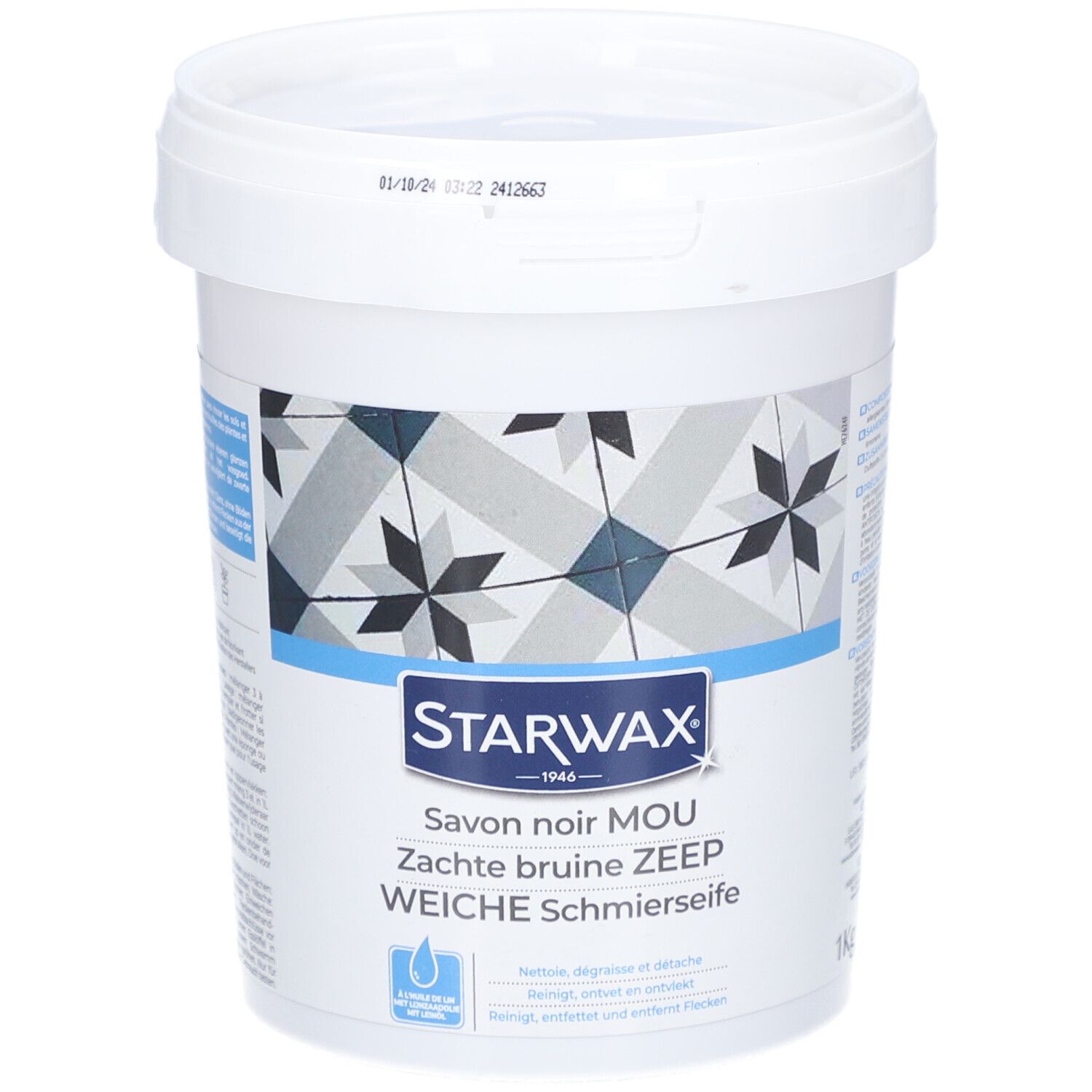 Seau blanc de savon noir MOU. Inscription: STARWAX, Savon noir MOU, Zachte bruine ZEEP, WEICHE Schmierseife.