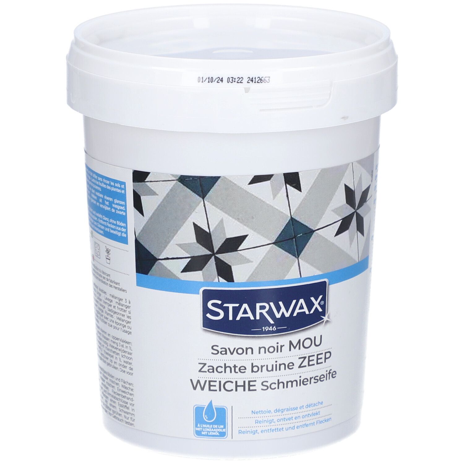 Seau blanc avec couvercle. Inscription: STARWAX, Savon noir MOU, Zachte bruine ZEEP, WEICHE Schmierseife. Motif de carreaux.