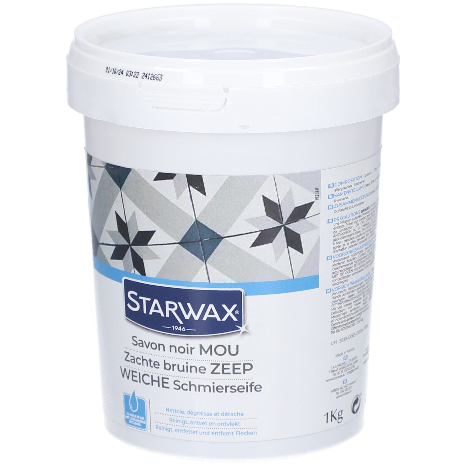 Seau blanc avec couvercle. Inscription: STARWAX, Savon noir MOU, Zachte bruine ZEEP, WEICHE Schmierseife. 1kg.