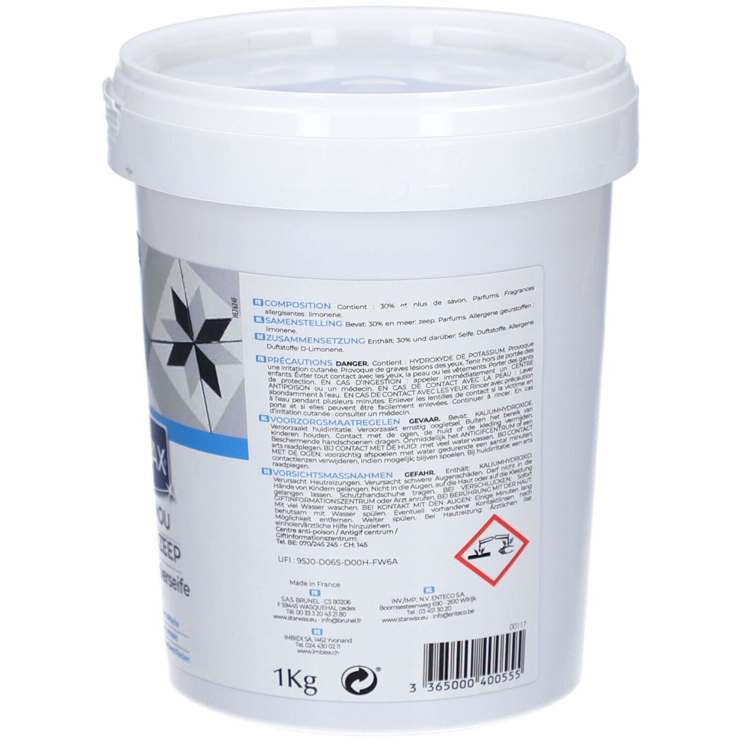 Dos d'un seau blanc. Texte sur les ingrédients et les précautions. Symbole de danger. 1kg.