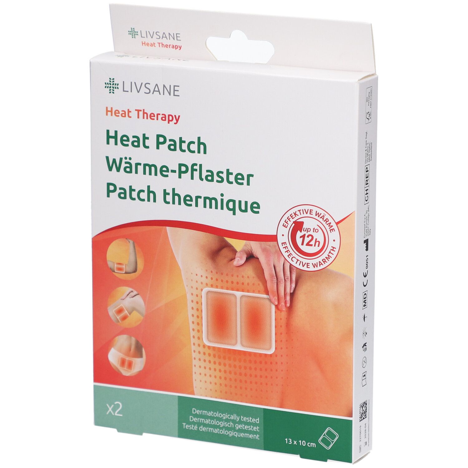 Boîte de patchs chauffants LIVSANE. Face avant avec illustration du produit et instructions d'utilisation. Taille : 13 x 10 cm.