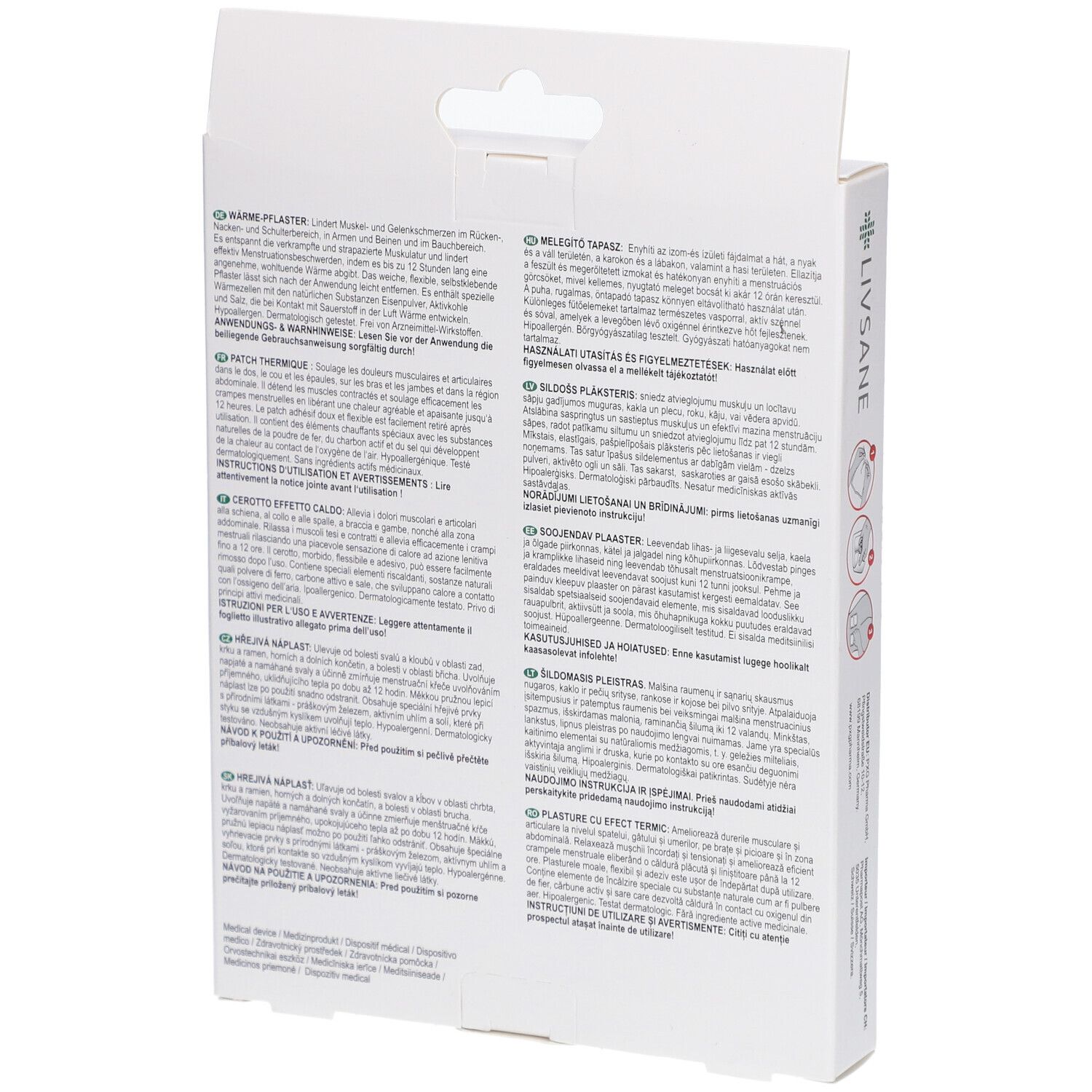 Dos de l'emballage des patchs chauffants LIVSANE avec textes multilingues. Informations sur le produit et instructions d'utilisation.