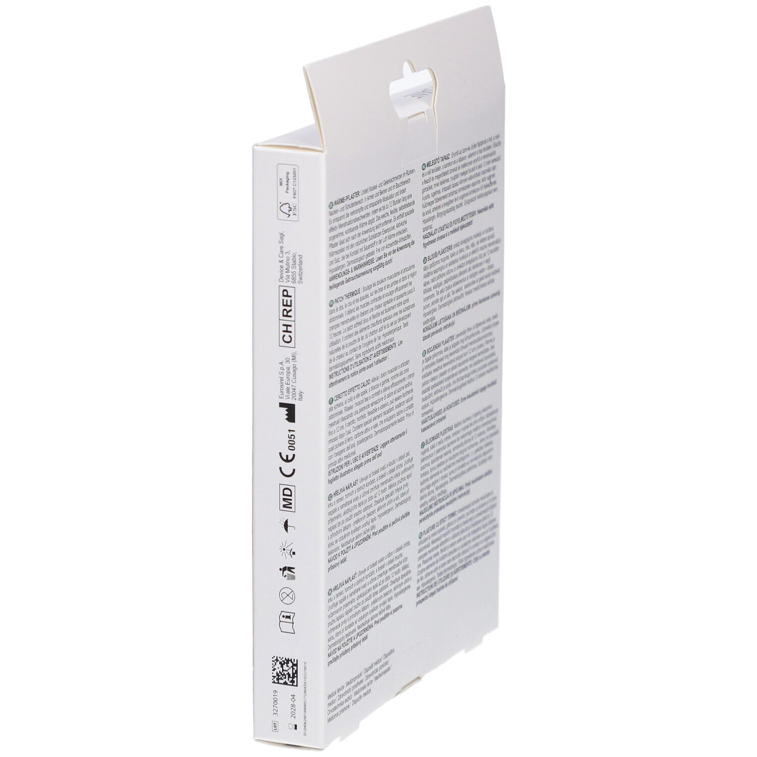 Vue latérale de l'emballage des patchs chauffants LIVSANE. Informations sur le produit et certifications visibles.