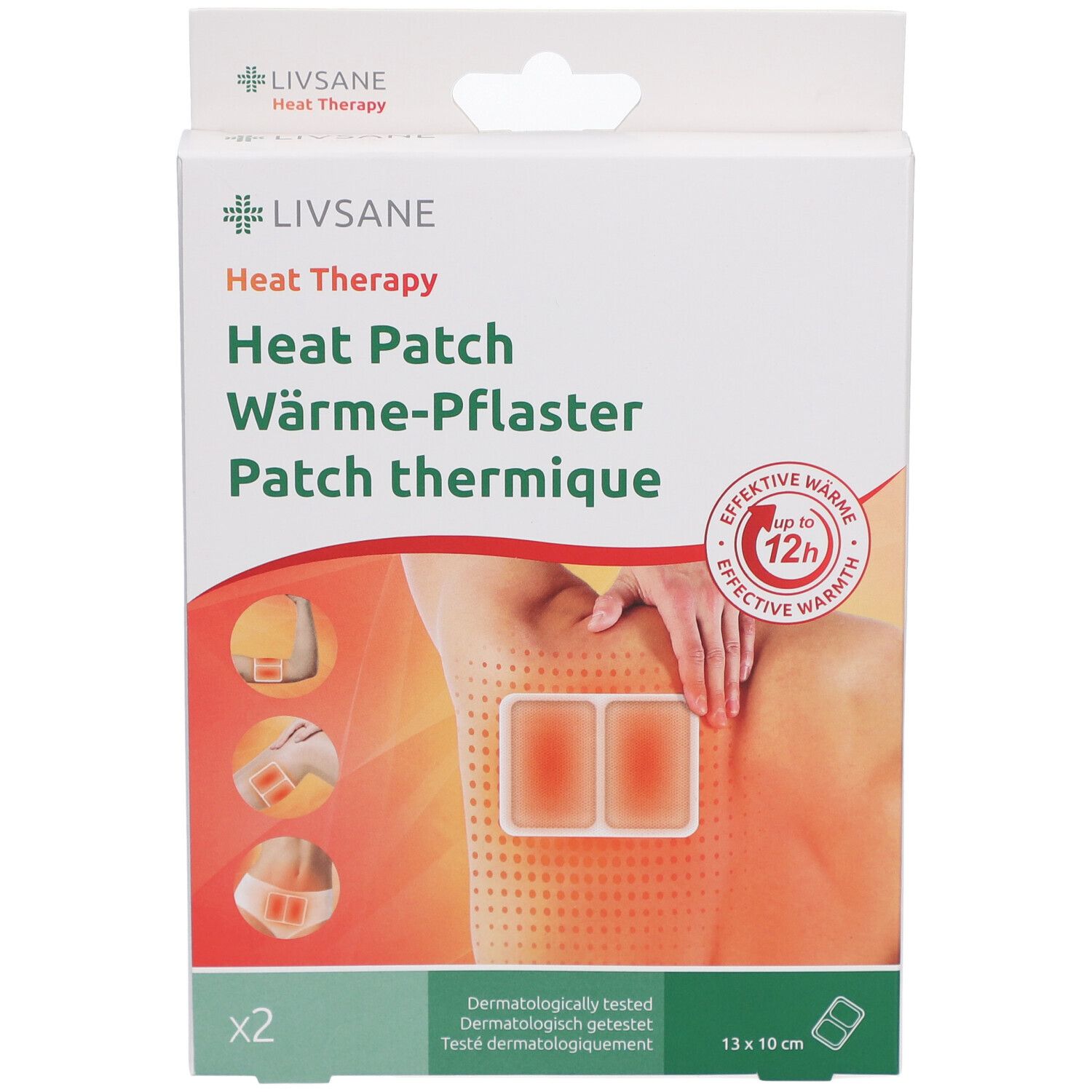 Vue de face de l'emballage des patchs chauffants LIVSANE. Nom du produit, illustration et taille : 13 x 10 cm.