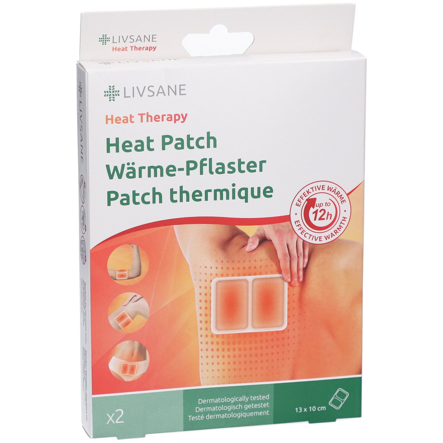 Vue de face de l'emballage des patchs chauffants LIVSANE. Nom du produit, illustration et taille : 13 x 10 cm.