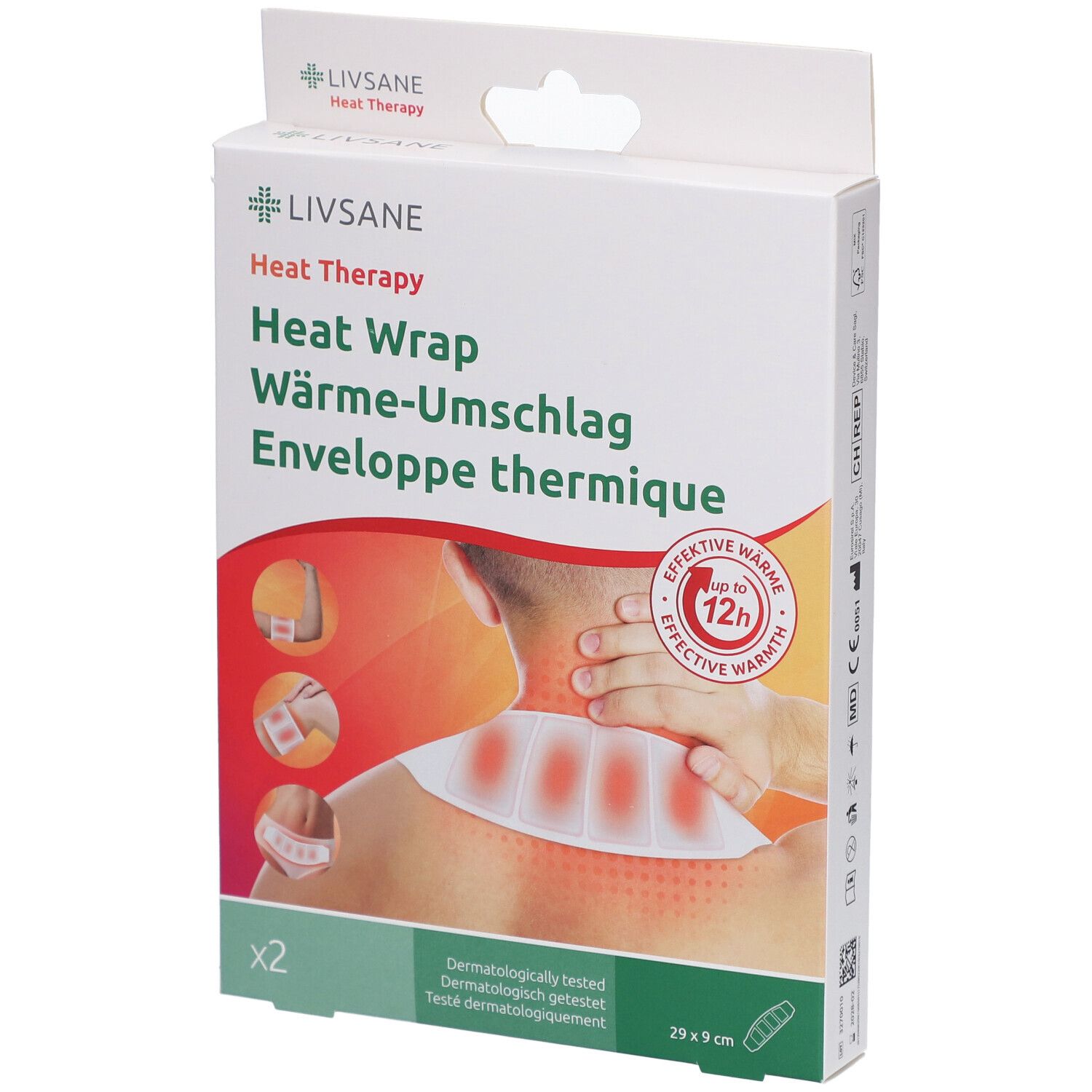 Emballage Livsane Wärme-Umschlag. Boîte blanche avec nom du produit et illustrations. Dimensions : 29x9 cm.