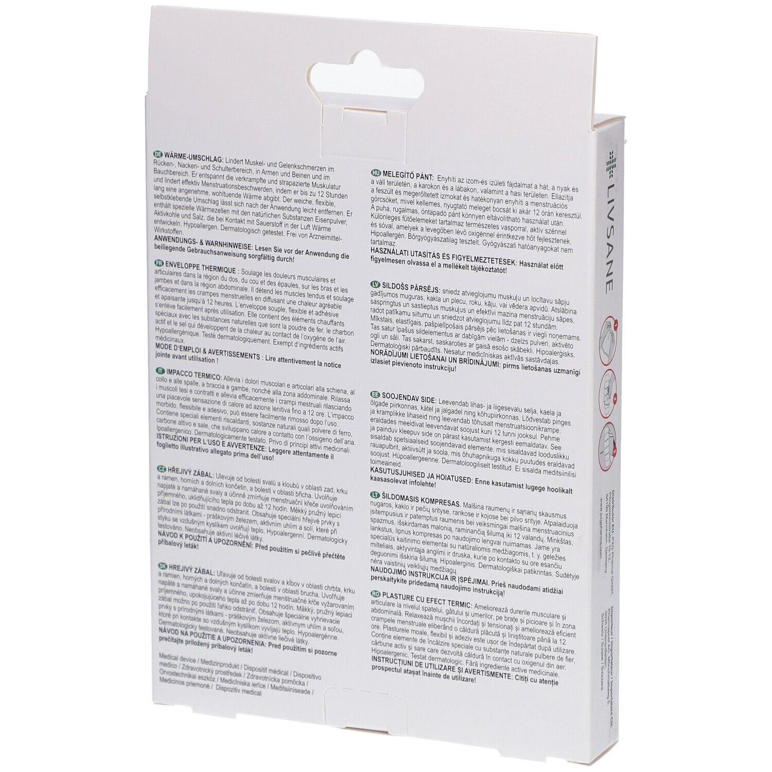 Dos de l'emballage Livsane Wärme-Umschlag. Texte en plusieurs langues. Informations sur le produit.