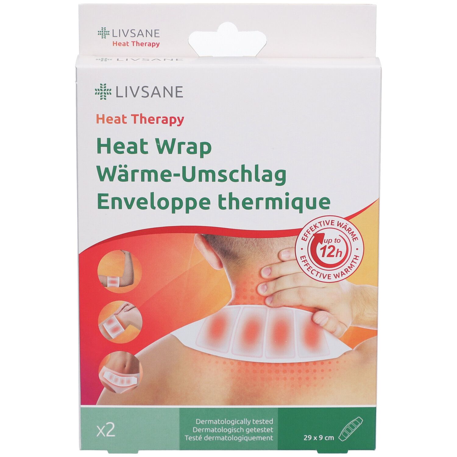 Emballage Livsane Wärme-Umschlag. Boîte blanche avec nom du produit et illustrations. Dimensions : 29x9 cm.