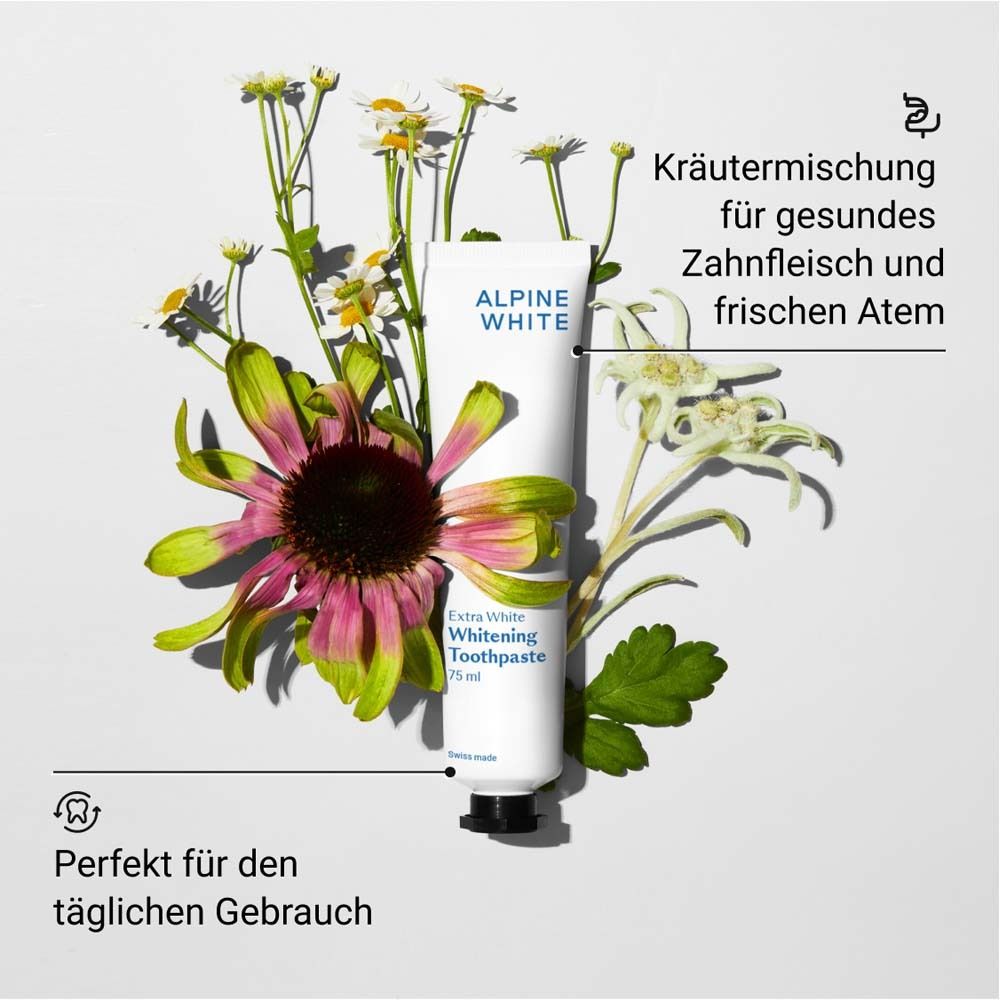 Tube de dentifrice avec des fleurs. Texte : Mélange d'herbes pour des gencives saines et une haleine fraîche.