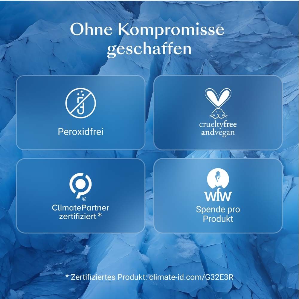 Symboles : Sans peroxyde, Crueltyfree andvegan, ClimatePartner certifié, wfw Don par produit.