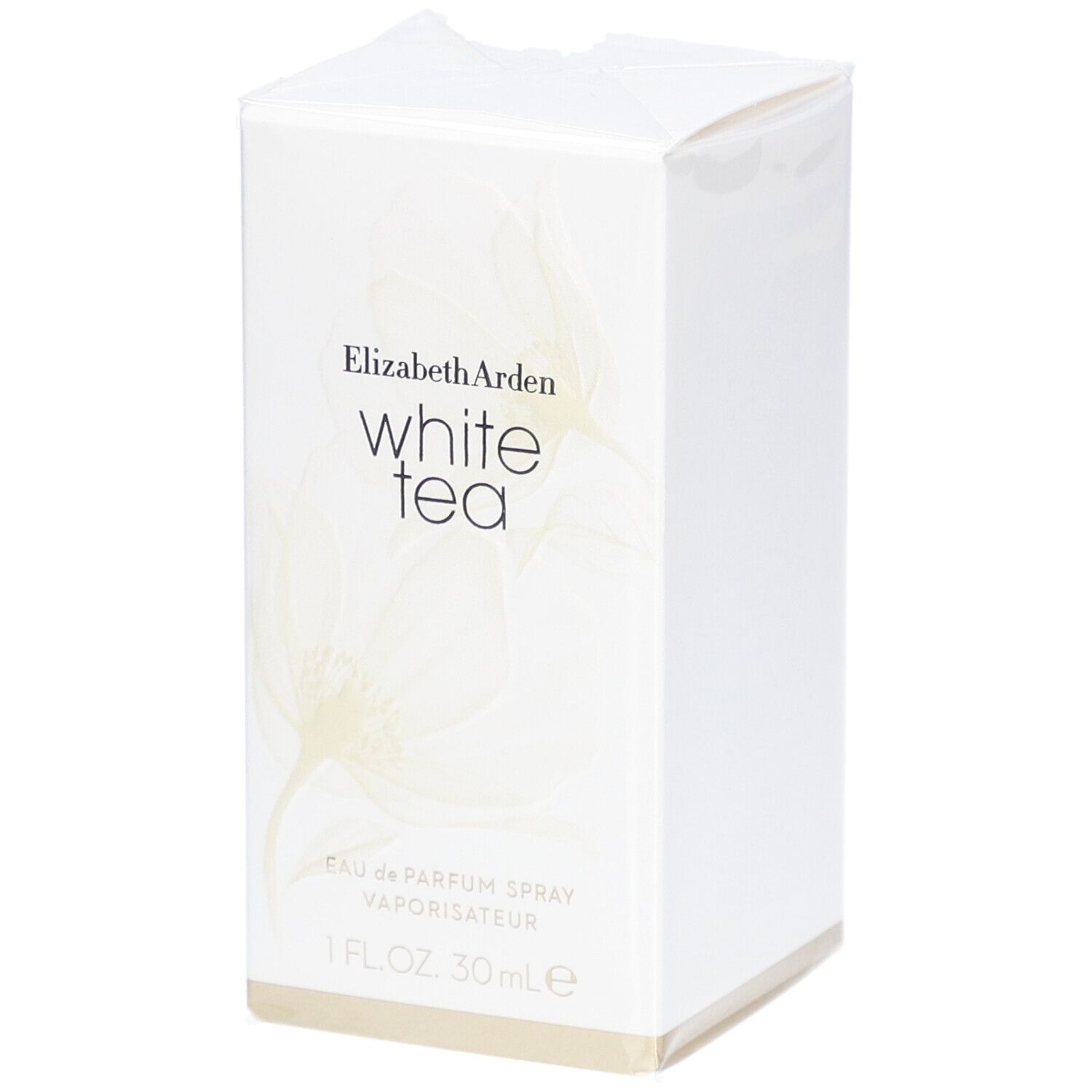 Boîte blanche Elizabeth Arden White Tea. Inscription: Eau de Parfum Spray, 1 FL.OZ. 30 ml e.