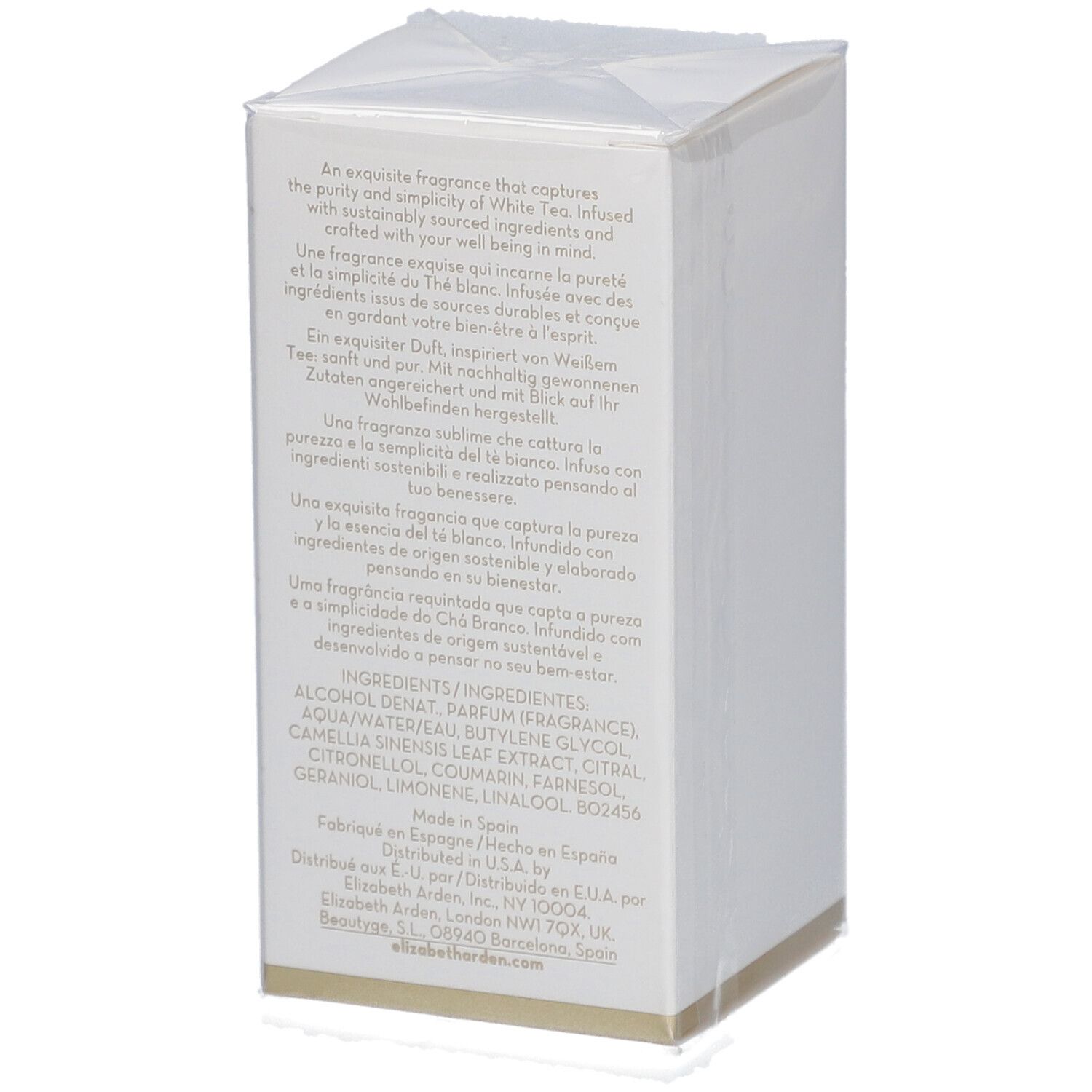 Boîte blanche Elizabeth Arden White Tea. Texte multilingue. Ingrédients et informations fabricant.