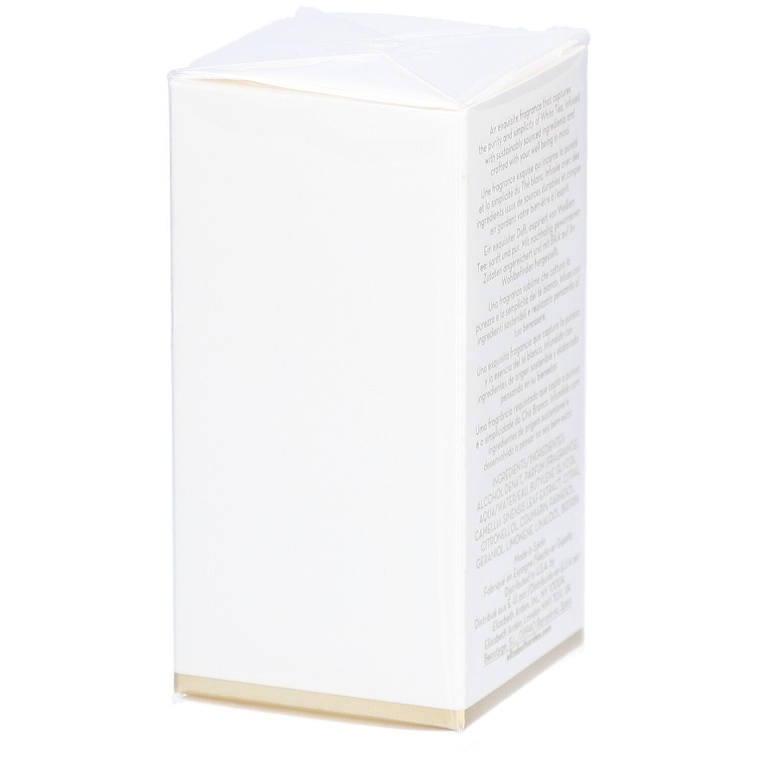 Boîte blanche Elizabeth Arden White Tea. Texte multilingue. Ingrédients et informations fabricant.