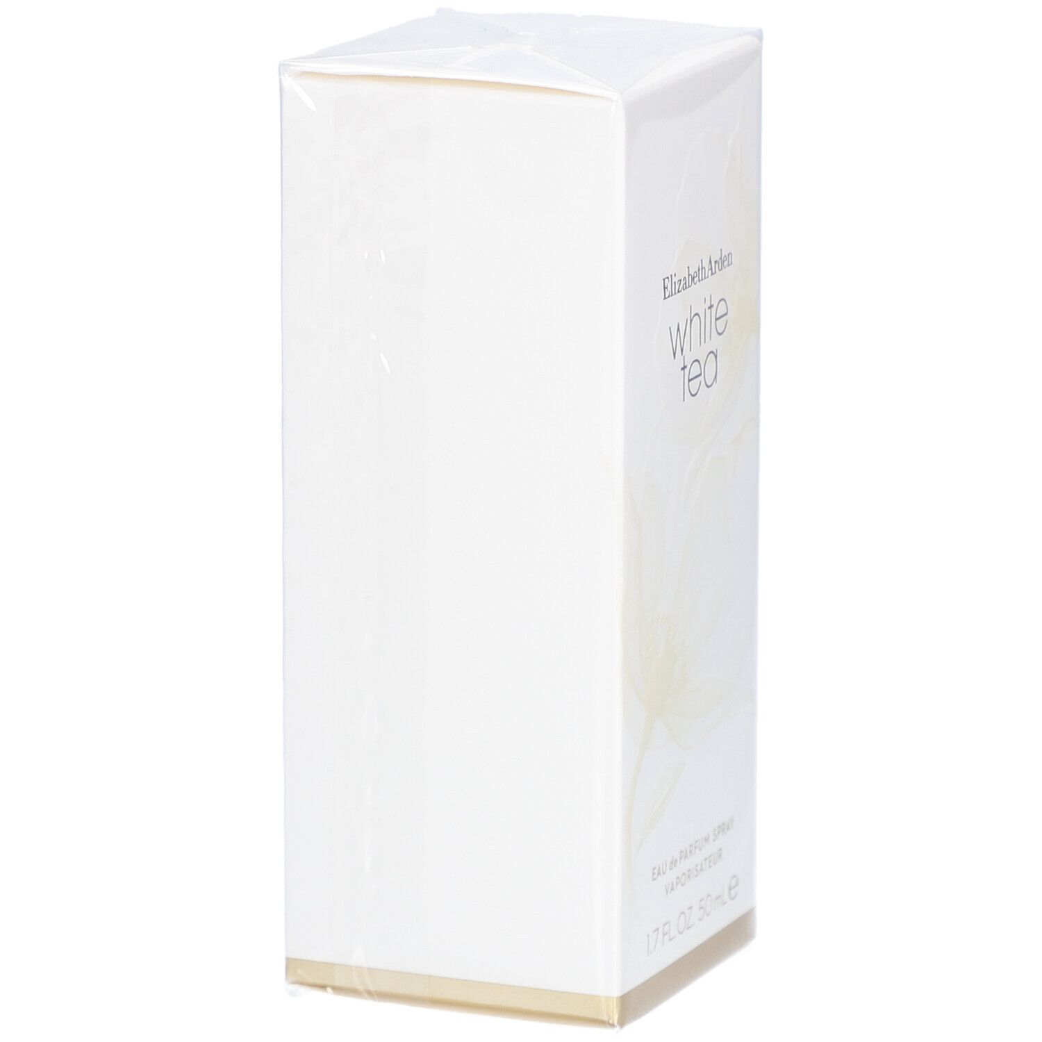 Boîte blanche rectangulaire, Elizabeth Arden White Tea. Inscription: Eau de Parfum Spray, 1.7 FL.OZ. 50ml e. Emballé.