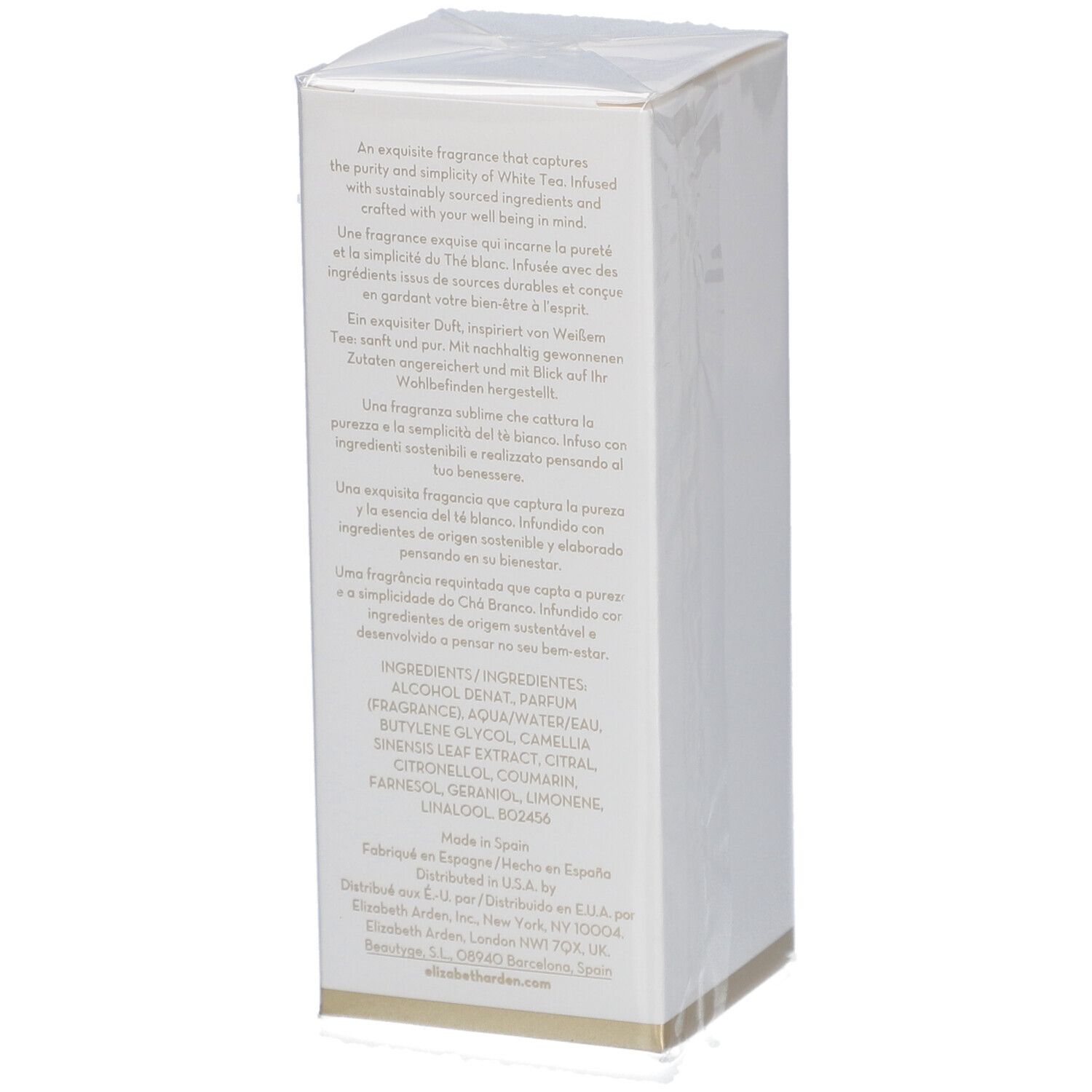 Boîte blanche rectangulaire avec texte. Inscription: Elizabeth Arden White Tea. Ingrédients, fabriqué en Espagne.