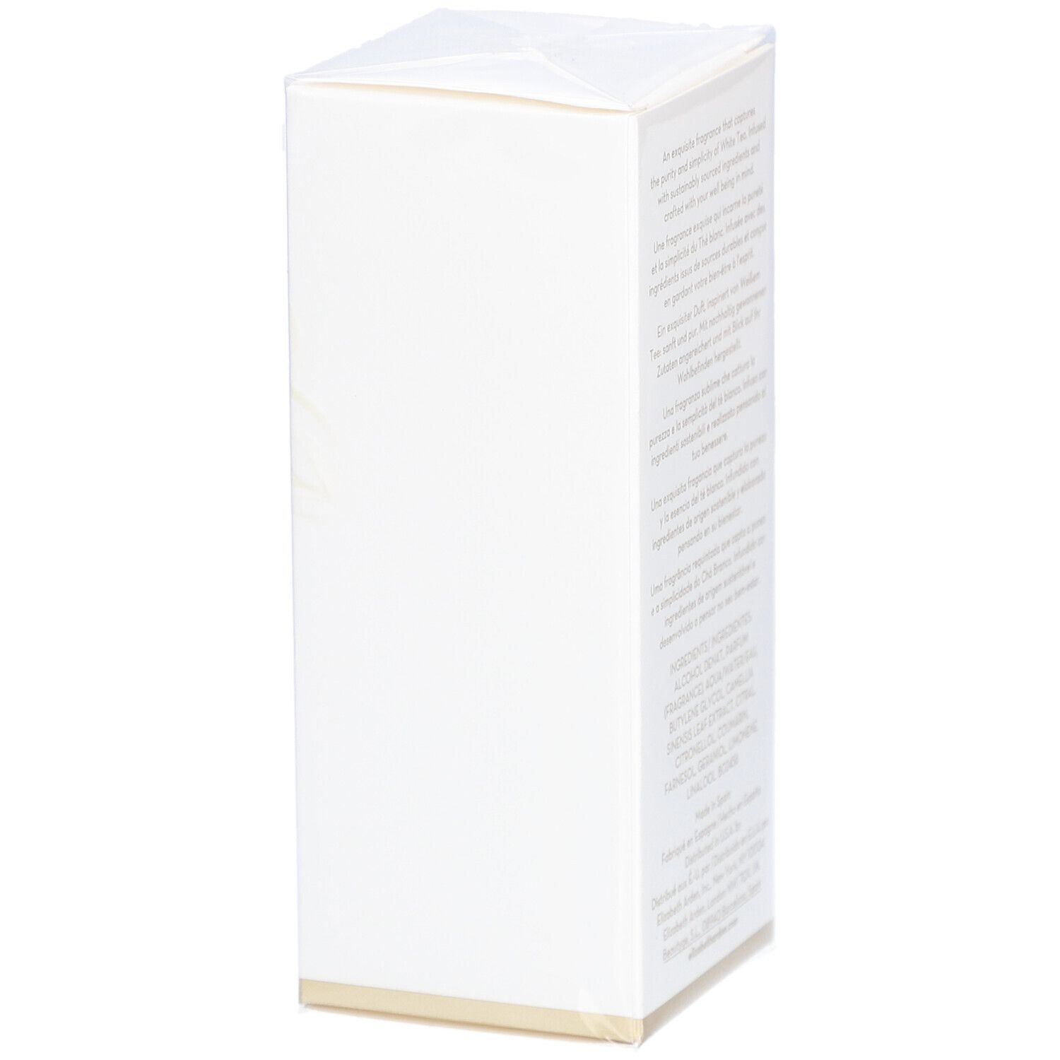 Boîte blanche rectangulaire avec texte. Inscription: Elizabeth Arden White Tea. Texte sur les ingrédients et le fabricant.