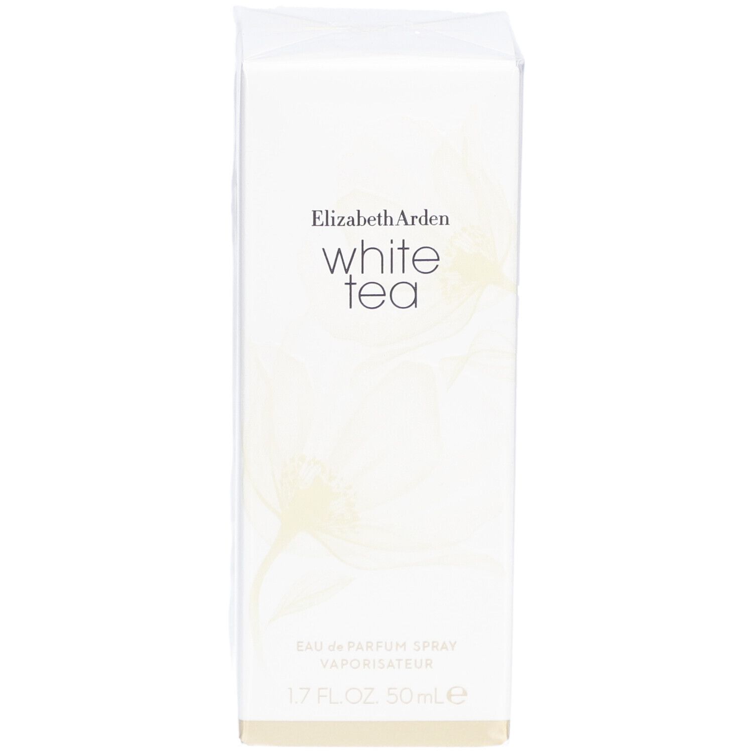 Boîte blanche rectangulaire avec Elizabeth Arden White Tea. Inscription: Eau de Parfum Spray, 1.7 FL.OZ. 50ml e.