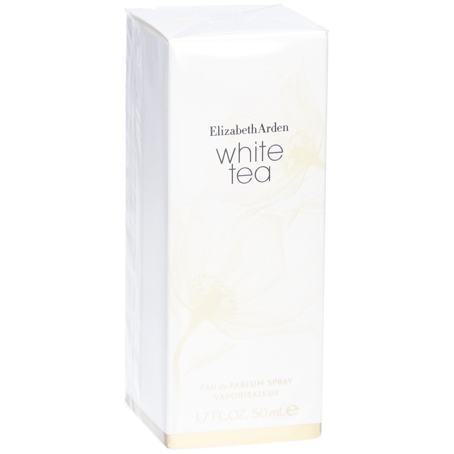 Boîte blanche rectangulaire avec Elizabeth Arden White Tea. Inscription: Eau de Parfum Spray, 1.7 FL.OZ. 50ml e.
