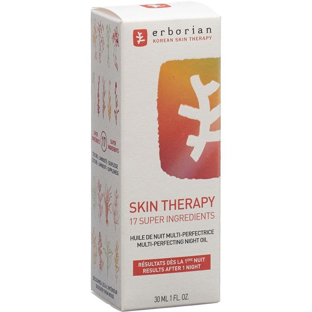 Emballage Erborian Skin Therapy Huile de Nuit Multi-Perfection, 17 Super Ingrédients, 30 ml.