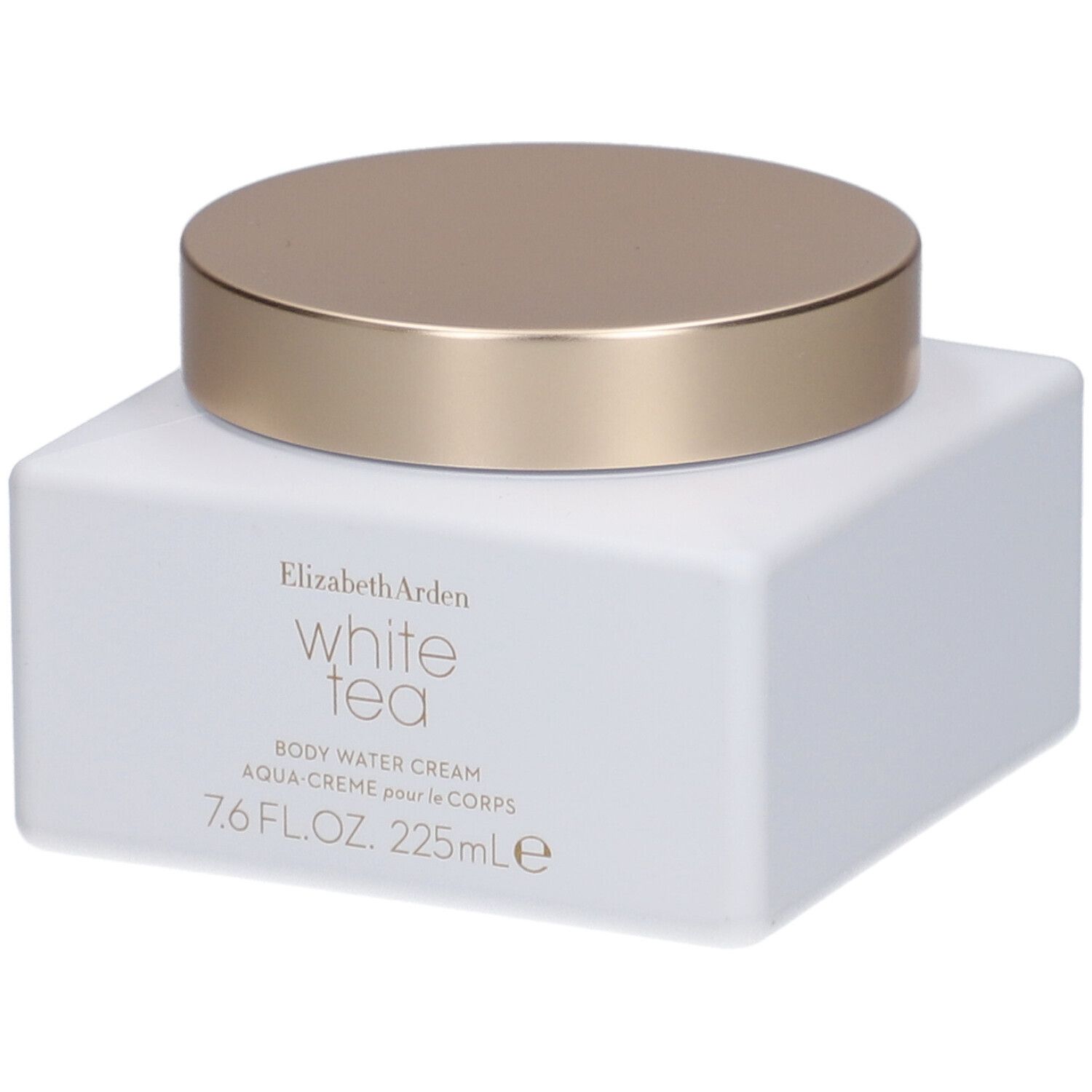 Witte vierkante pot met gouden deksel. Opschrift: Elizabeth Arden White Tea Body Water Cream.