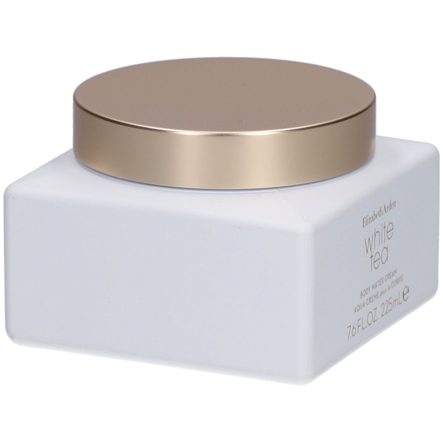 Witte vierkante pot met gouden deksel. Opschrift: Elizabeth Arden White Tea Body Water Cream.