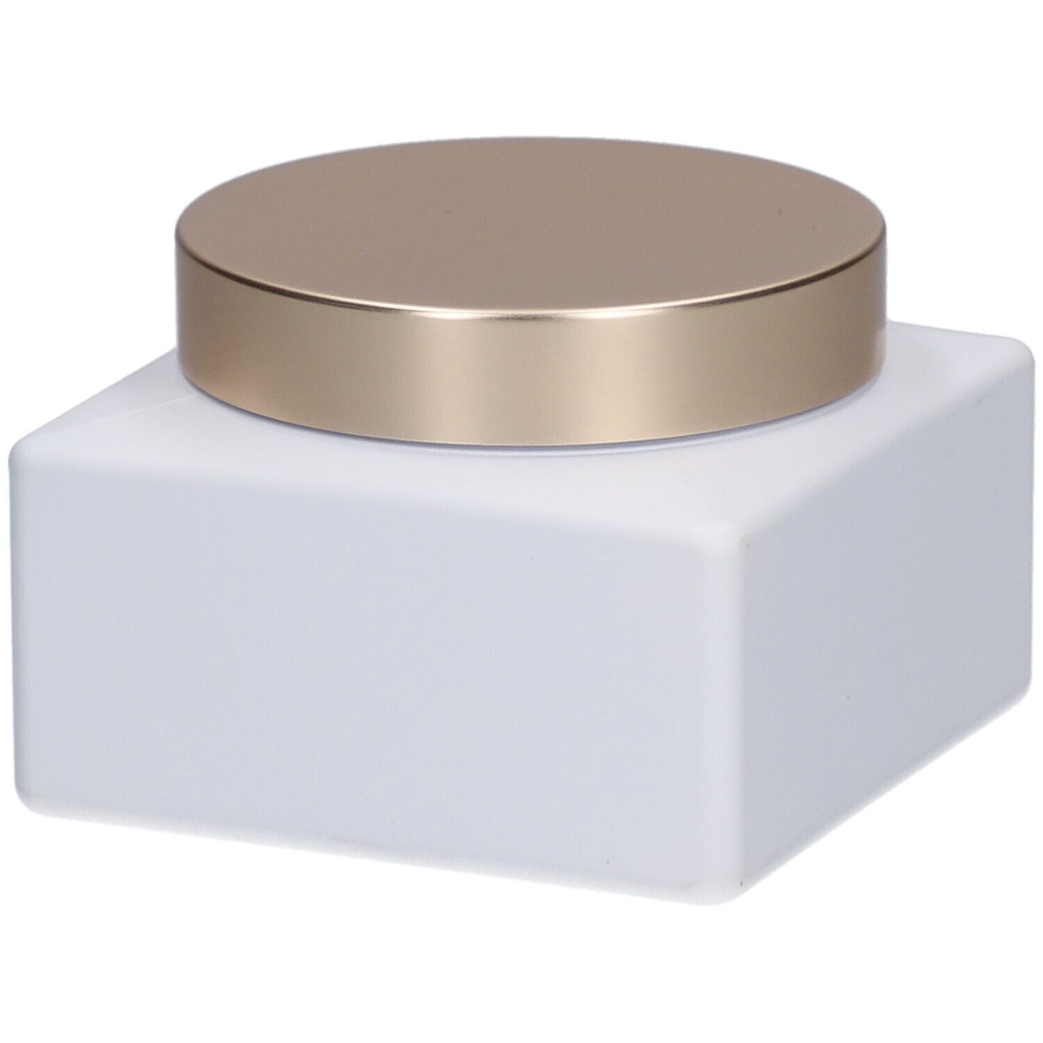 Witte vierkante pot met gouden deksel. Geen opschrift zichtbaar.